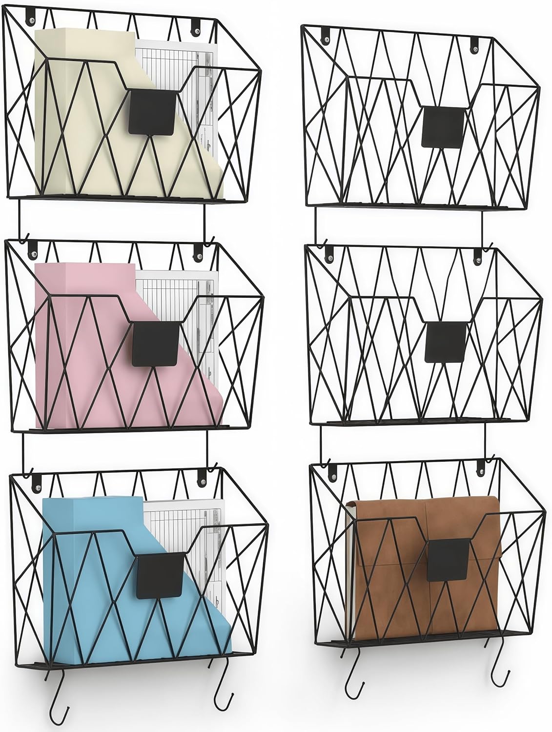 CADUKE 6 Pack Wall File Organizer, Metal Hanging Folder Holder Mail Magazine Organizer Wall Mounted with Hooks & Label Panels for Office Home, Black