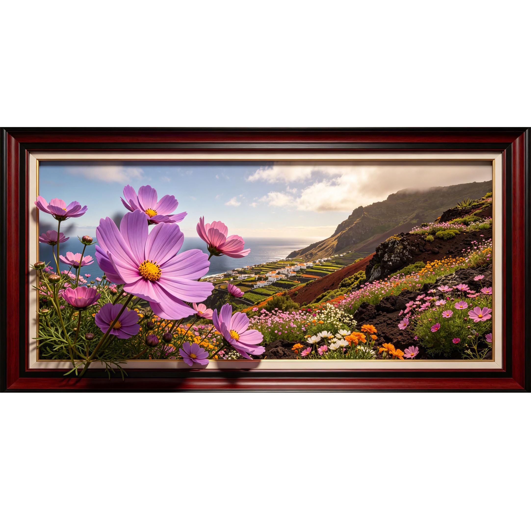 Agglomerix 3D Framed Wall Art Coastal Mountain Valley Wildflower Landscape Botanical Large Size Self-Adhesive Removable Wall Decor Prints Artwork for Living Room Bedroom Office