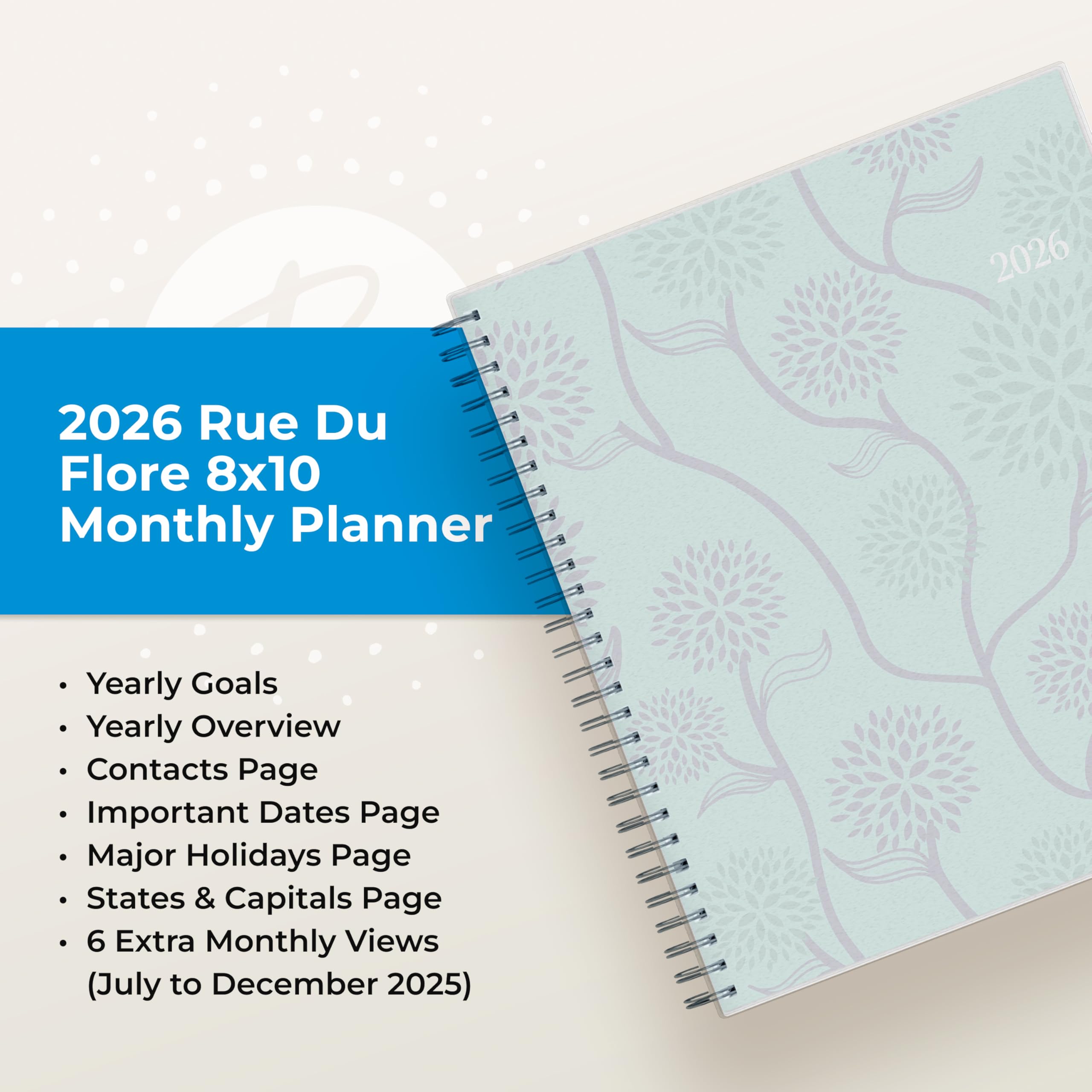 Blue Sky Monatsplaner Kalender, Januar bis Dezember, flexibler mattierter Einband, laminierte Reiter, langlebige Doppeldrahtbindung (Rue Du Flore- 2026, 20,3 x 25,4 cm)