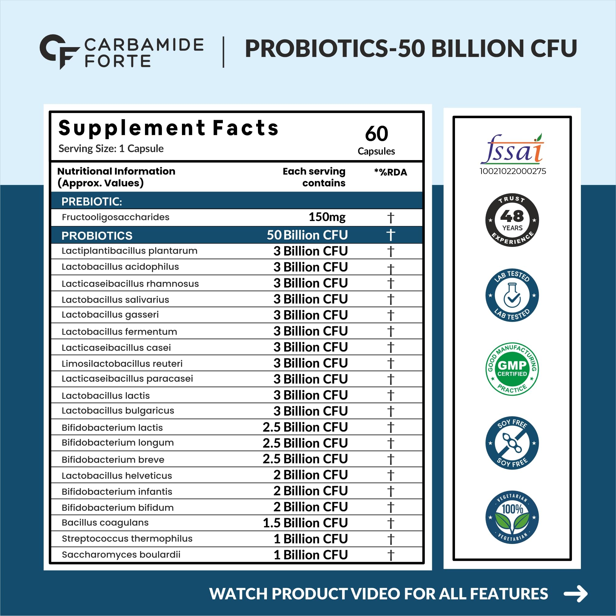 Carbamide Forte Probiotics Supplement 50 Billion CFU for Women & Men | Probiotics for Gut Health Supplement | Support Digestion & Immunity | Gut Health Probiotics – 60 Veg Capsules (Pack of 2) - Image 2 thumbnail