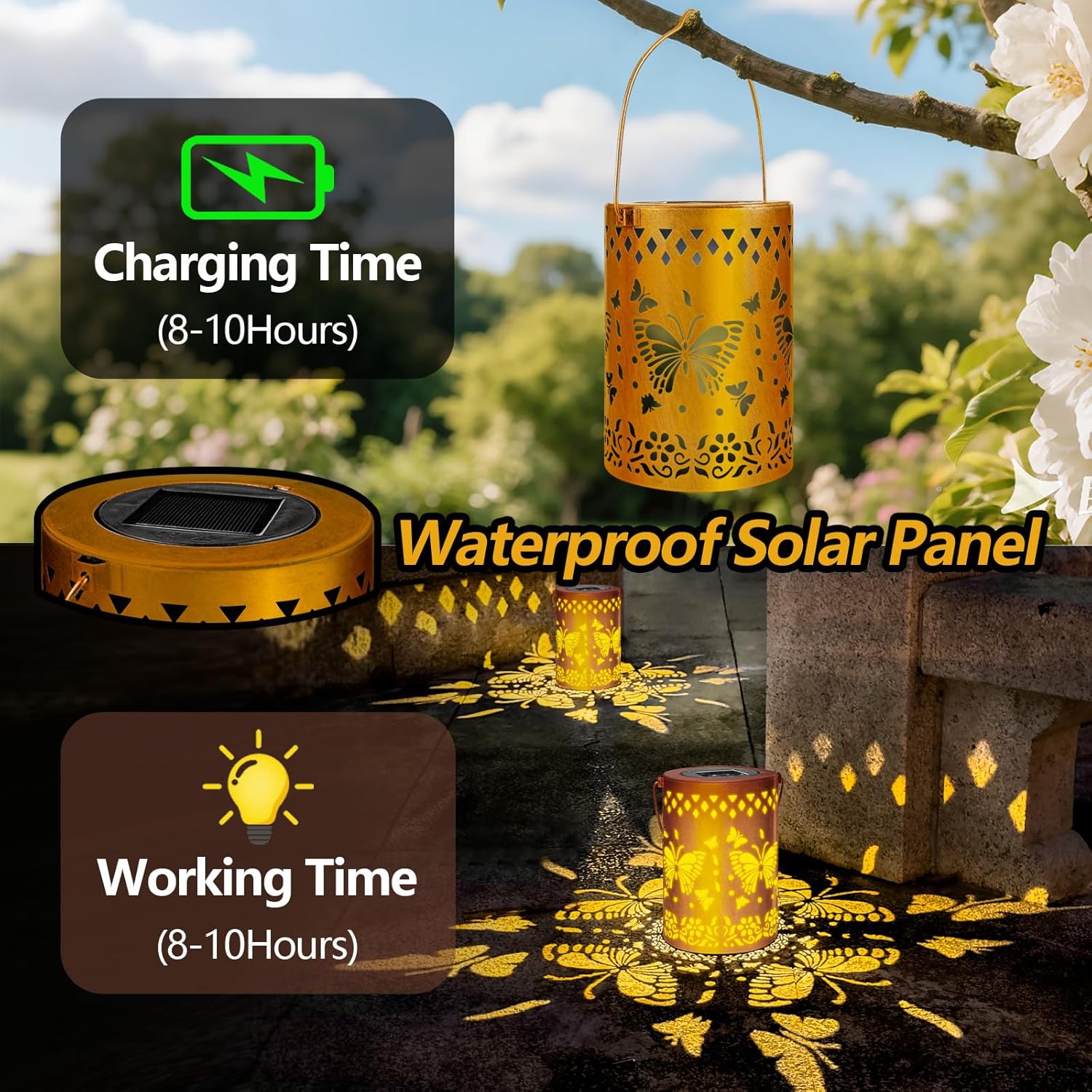 2 Pack Solar Lanterns Outdoor Waterproof Butterfly Garden Decor Birthday Holiday Gifts for Women Mom Grandma, Solar Lights Metal Lantern for Yard, Patio, Backyard, Porch, Garden