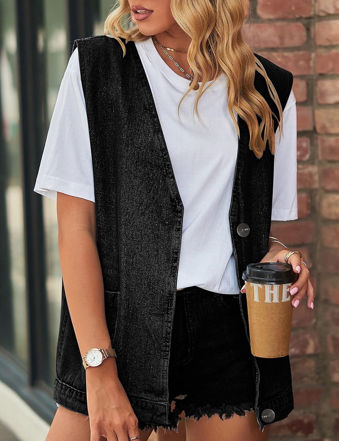 Denim Jean Vest for Women Oversized Lightweight Collarless Sleeveless Button Down Denim Waistcoat Jacket - Image 2