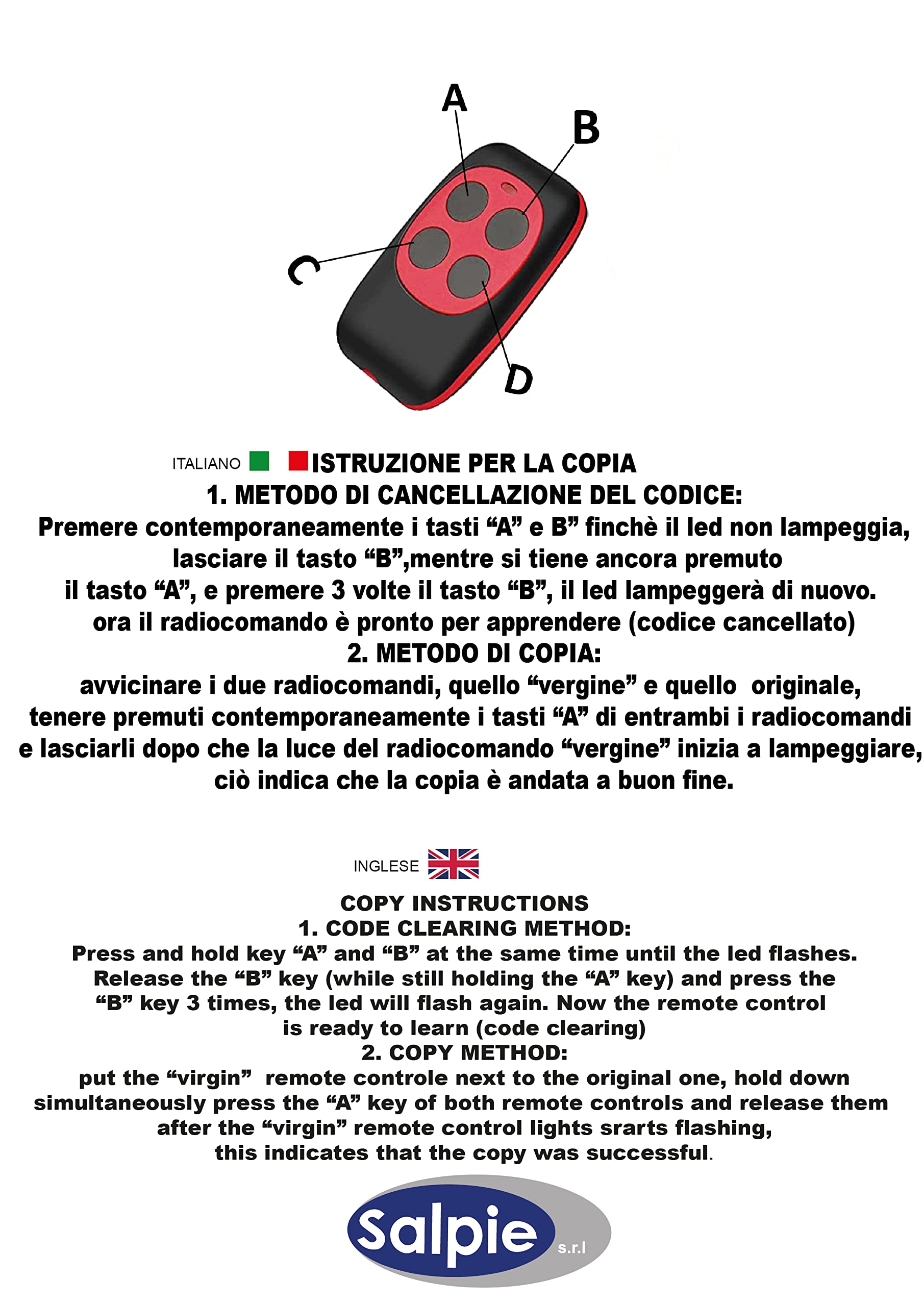 SALPIE Telecomando Cancello Universale Autoapprendimento con Frequenza 433 Mhz Codice Fisso Batteria Inclusa (set 3 pz)