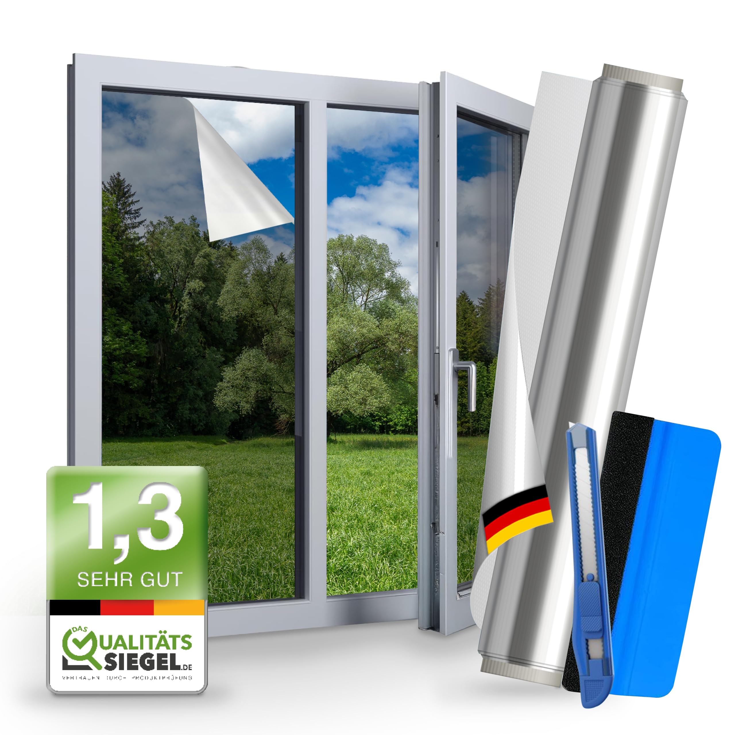 WindowShield – Selbstklebende UV Sonnenschutzfolie Fenster Innen & Außen – Blickdichte Fensterfolie mit Spiegelfolie und Fenster Sichtschutz – Ideale Fensterfolie als Sonnenschutz Folie – 149 x 200 cm