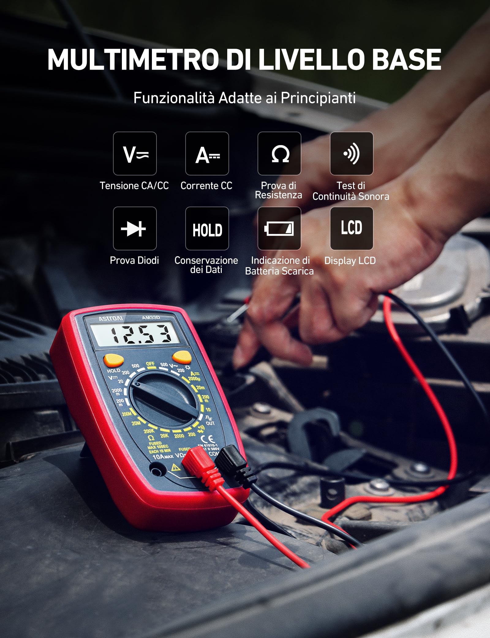 AstroAI Tester Elettricista 2000 Conteggi, Multimetro Digitale Professionale, Voltmetro, Tester Digitale, Misuratore di Corrente DC, Tensione AC/DC, Resistenza, Continuità e Test Diodi