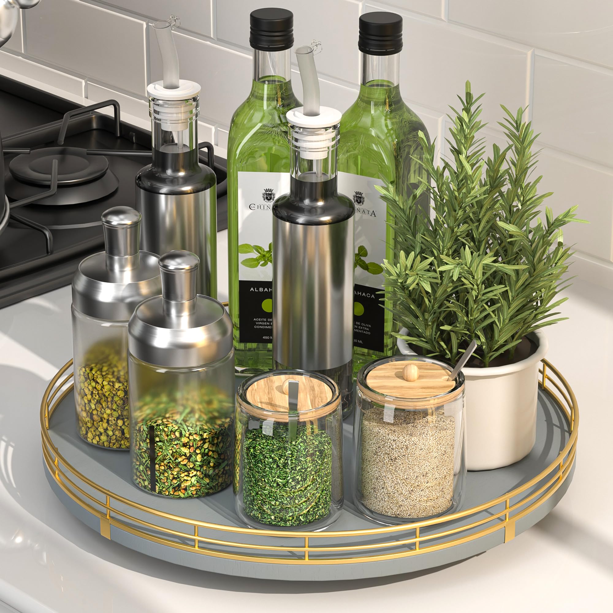 Oroyutor 12-Inch Gray Wooden Lazy Susan Spice Organizer with Gold Rail