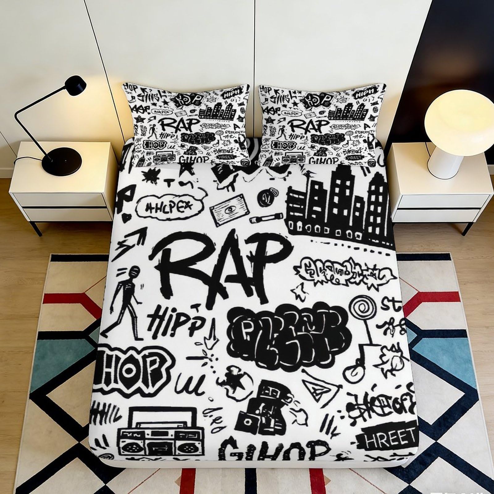 3D Printed Graffiti Rap Fitted Sheet Microfiber Black White Hip Hop Mattress Cover for Bedroom Dorm Easy Care 180x200x25cm