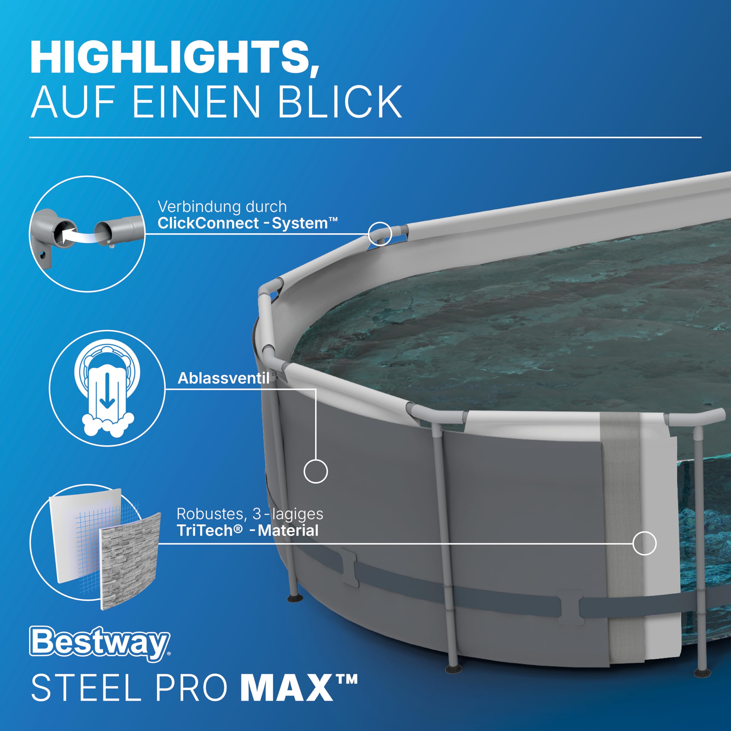 Bestway Power Steel Swim Vista Series Frame Pool Komplett-Set mit Sandfilteranlage 488 x 305 x 107 cm, Steinwand-Optik (Cremegrau), oval