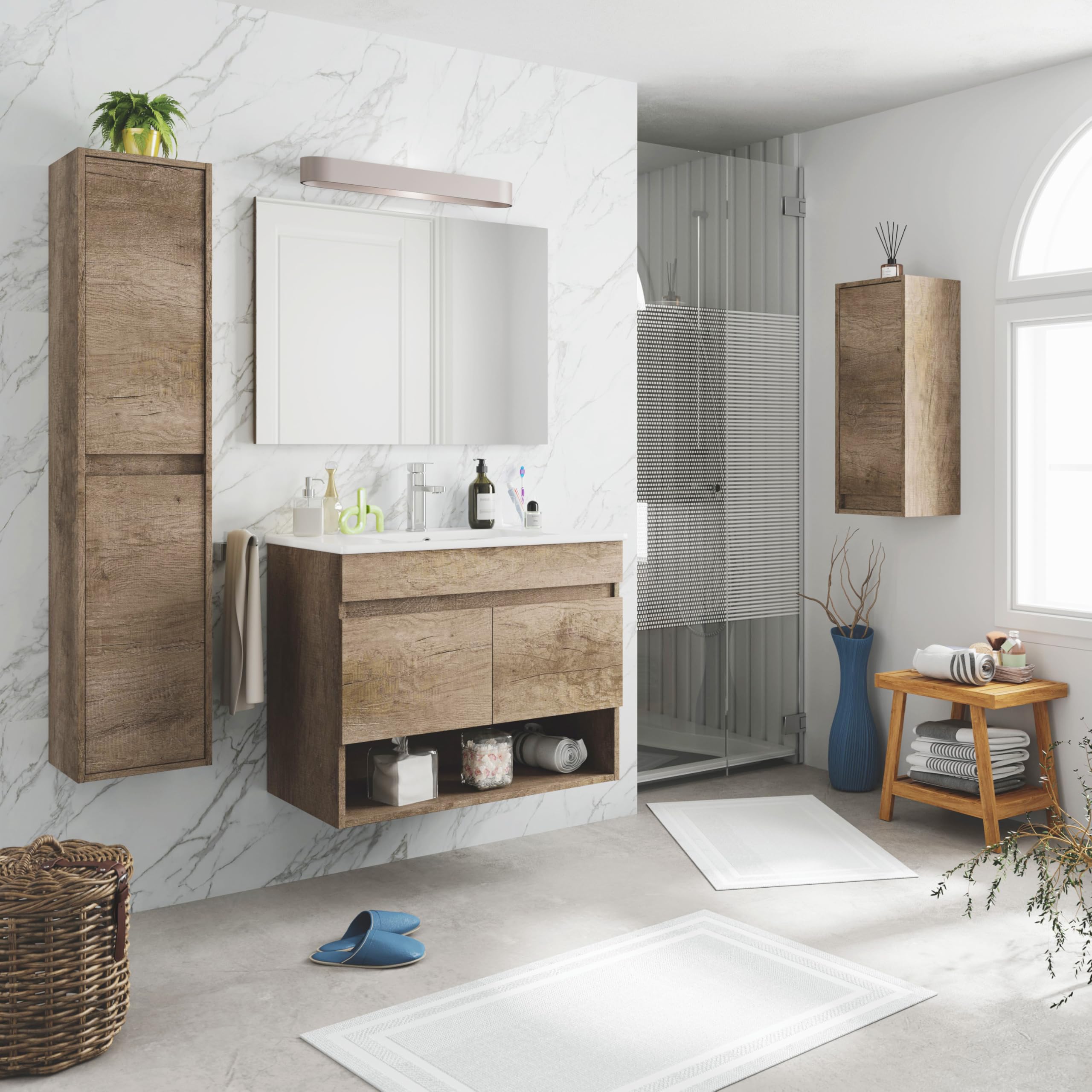 duehome | Mueble de Baño Suspendido con 2 Puertas y Espejo, Modulo Colgante, Modelo Thai, Acabado en Nordik, Medidas: 80 cm (Ancho) x 64 cm (Alto) x 45 cm (Fondo)