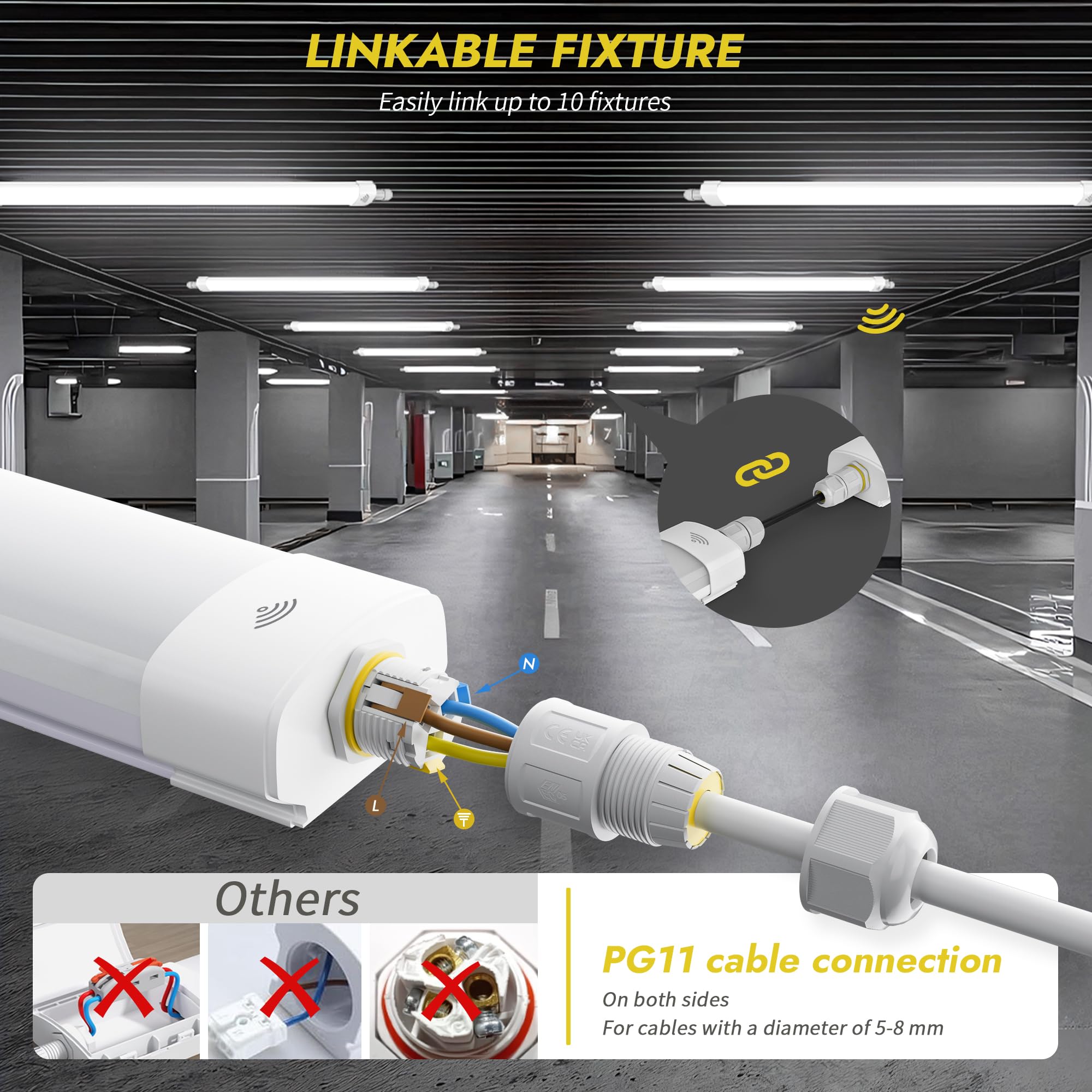 GeyouLux Réglette LED 150 cm avec détecteur de mouvement, 60W 7560 lm 5000K, IP65 Étanche avec mise à la terre, Tube LED Enchaînable, 240 LEDs sans scintillement pour Garage Atelier Bureau, Blanc