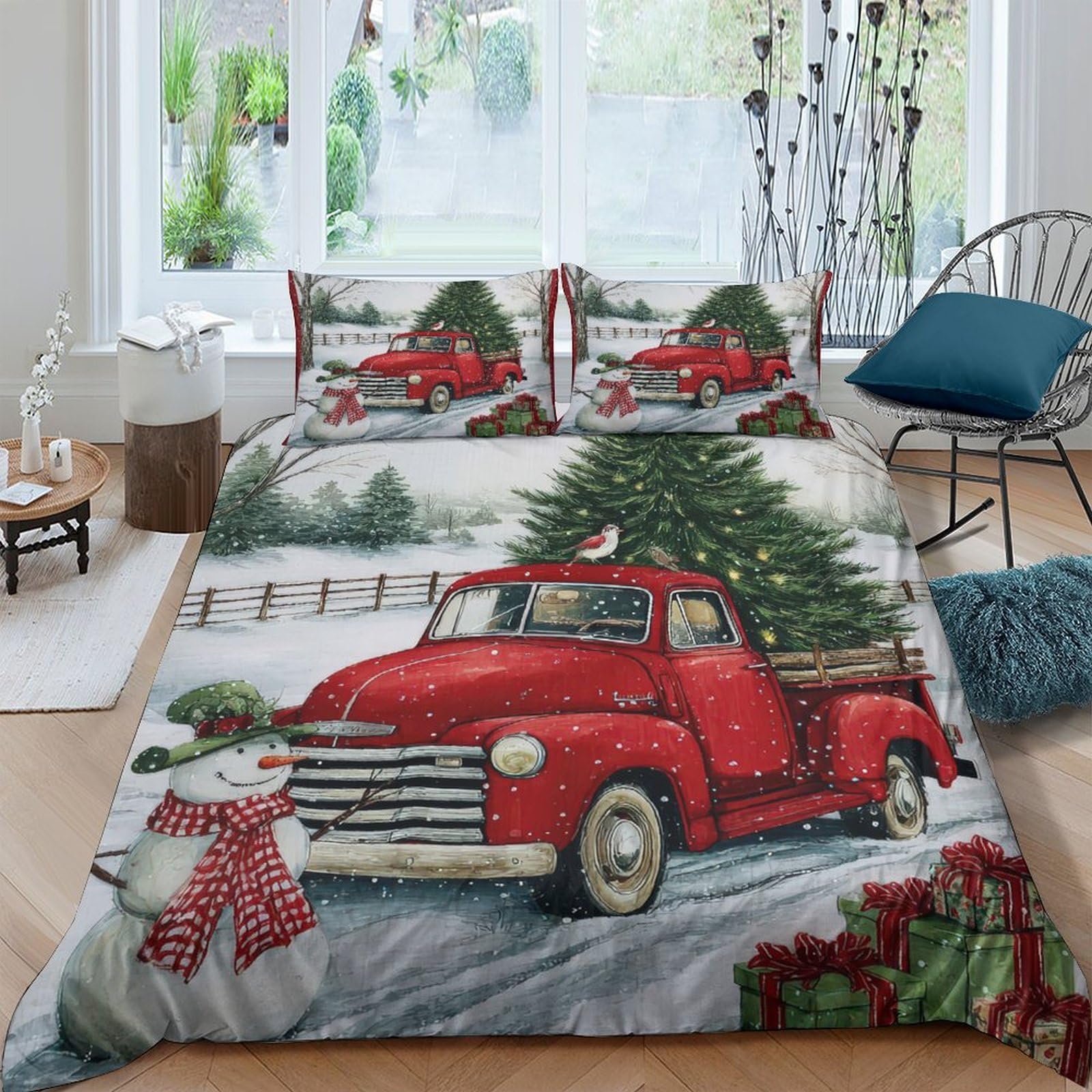 Ctjqhvkz Style-8 3D Printed Vintage Red Truck Fitted Sheet Microfiber Christmas Tree Snow Scene Mattress Cover For Bedroom Guest Room Home Decor Single（135X200cm）