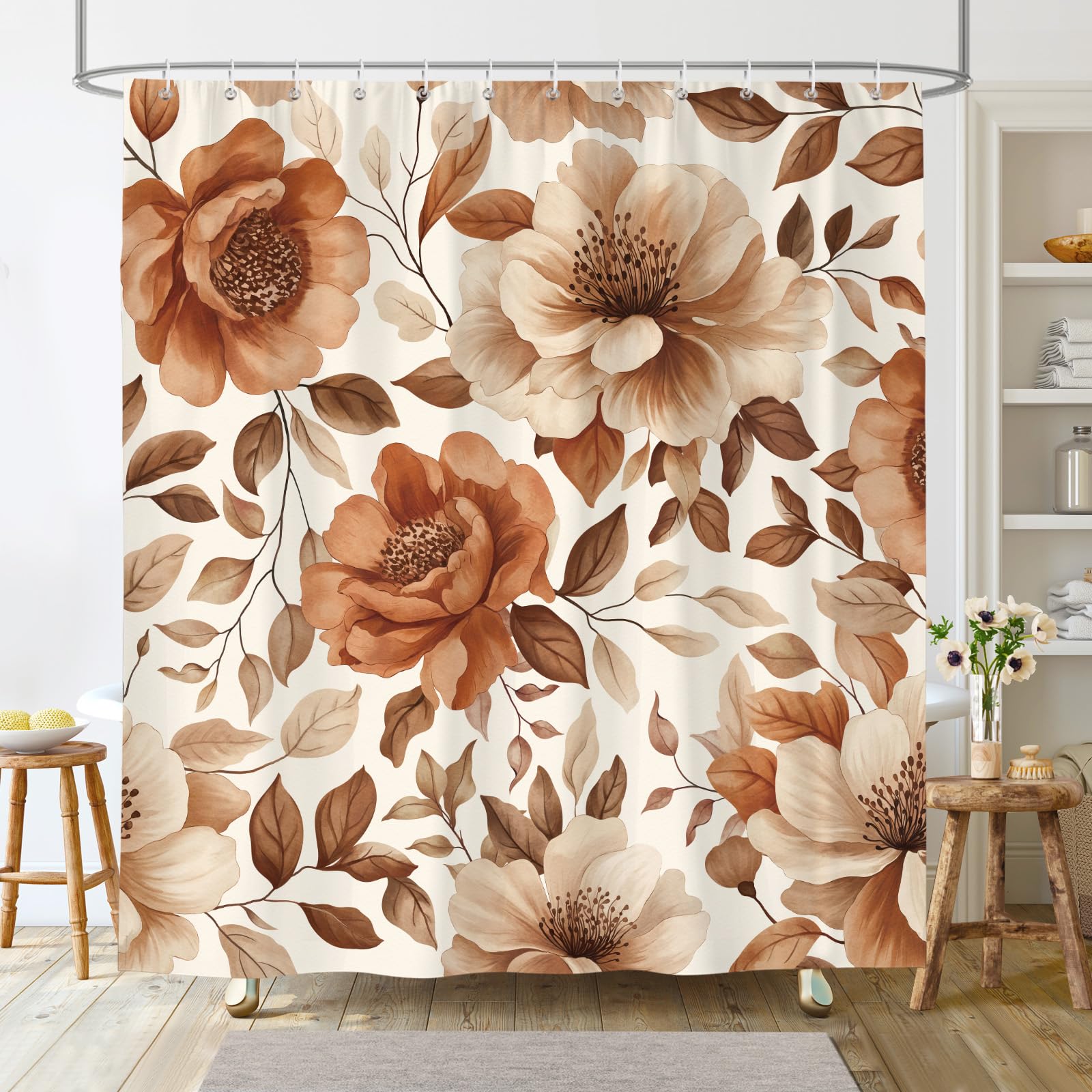 Dazzlewall Cortina de Ducha Floral Rústica, Flores Marrones Otoño Plantas Impermeable 180x180cm, Antimoho Tela con 12 Ganchos