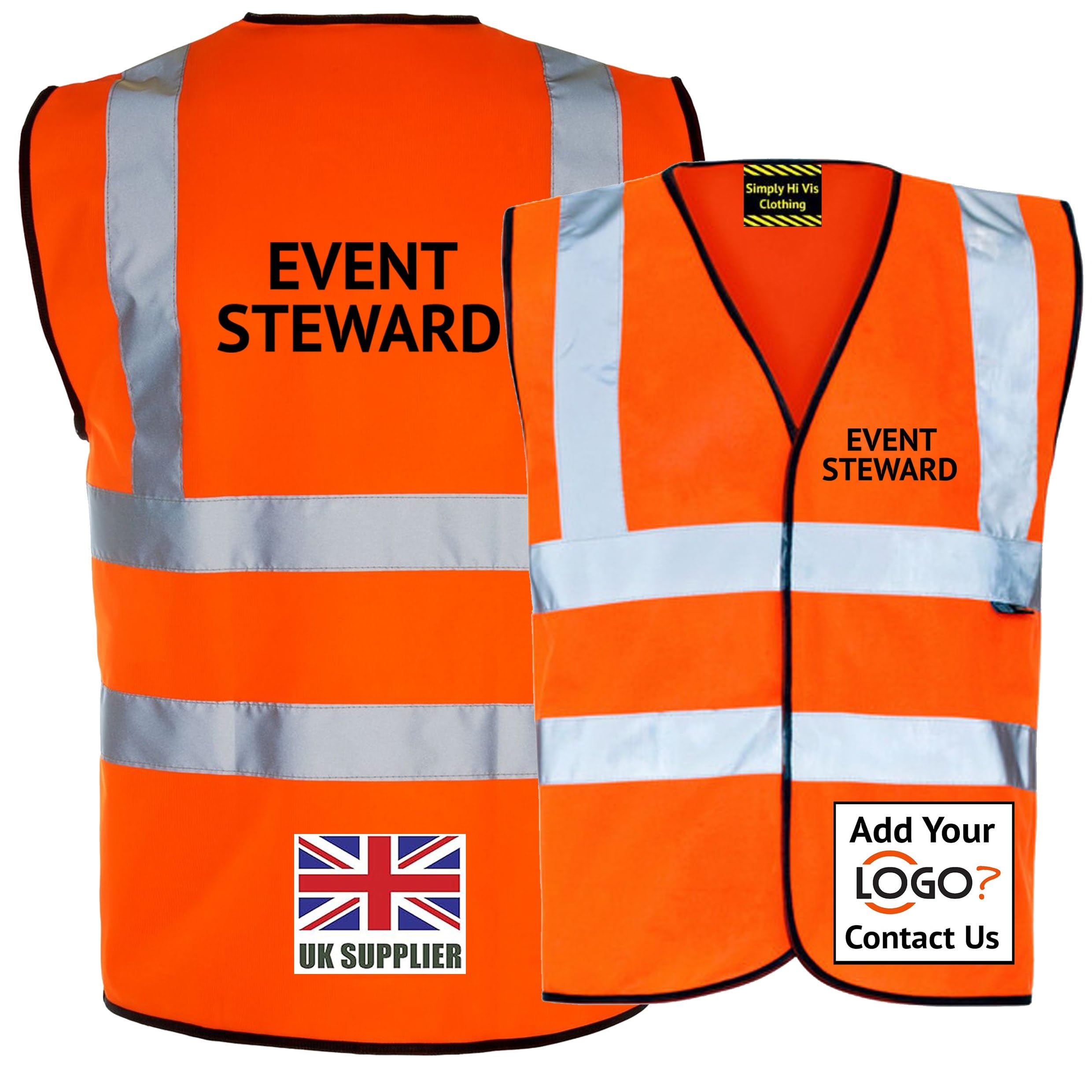 Orange Hi Vis Vest EVENT STEWARD Waistcoat EN ISO 20471 supplied by Simply Hi Vis Clothing UK