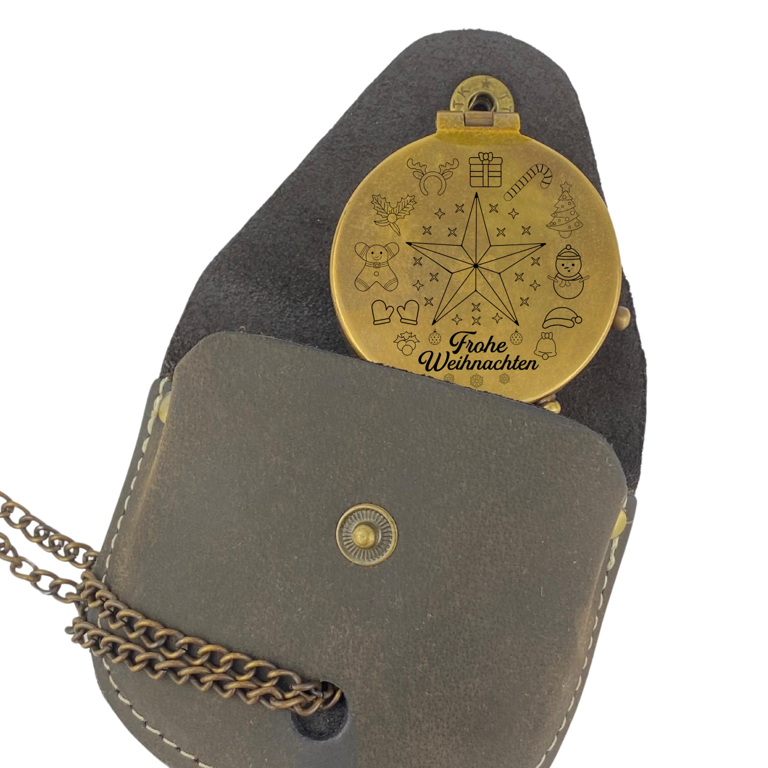 Personalisierter Kompass mit Gravur Wunschmotiv Weihnachten und Wunschtext Name Diverse Designs Messing Ledertasche Geschenkbox Geschenkidee (Vintage Optik)