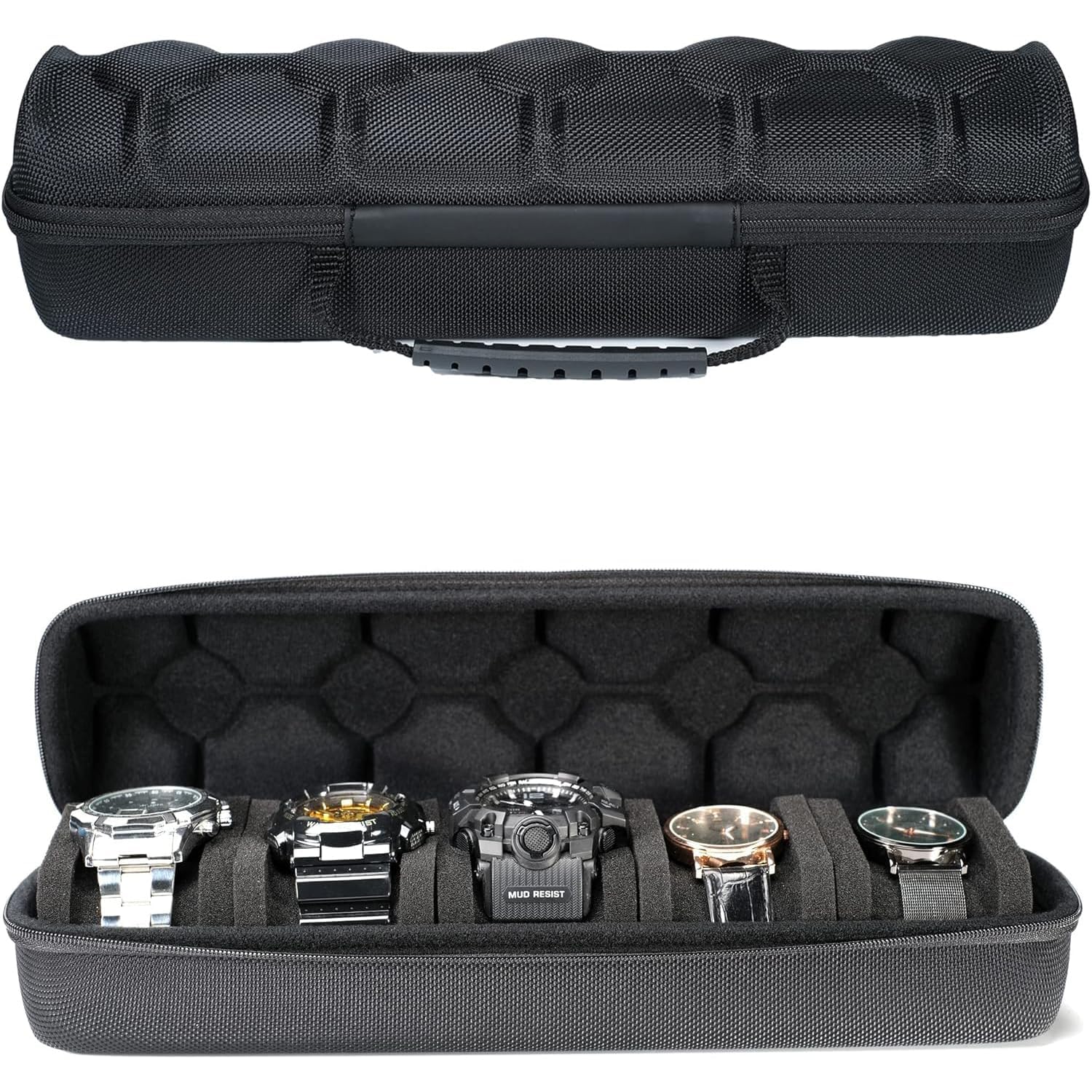 Bolivia'sBolivia's Watch Travel Case, 5 Slot Storage Watch Display Holder with Anti Move Watch Pillow, Portable Watch Roll Case Storage and Organizer, Hard Watch Box for Wristwatches and Smart Watches