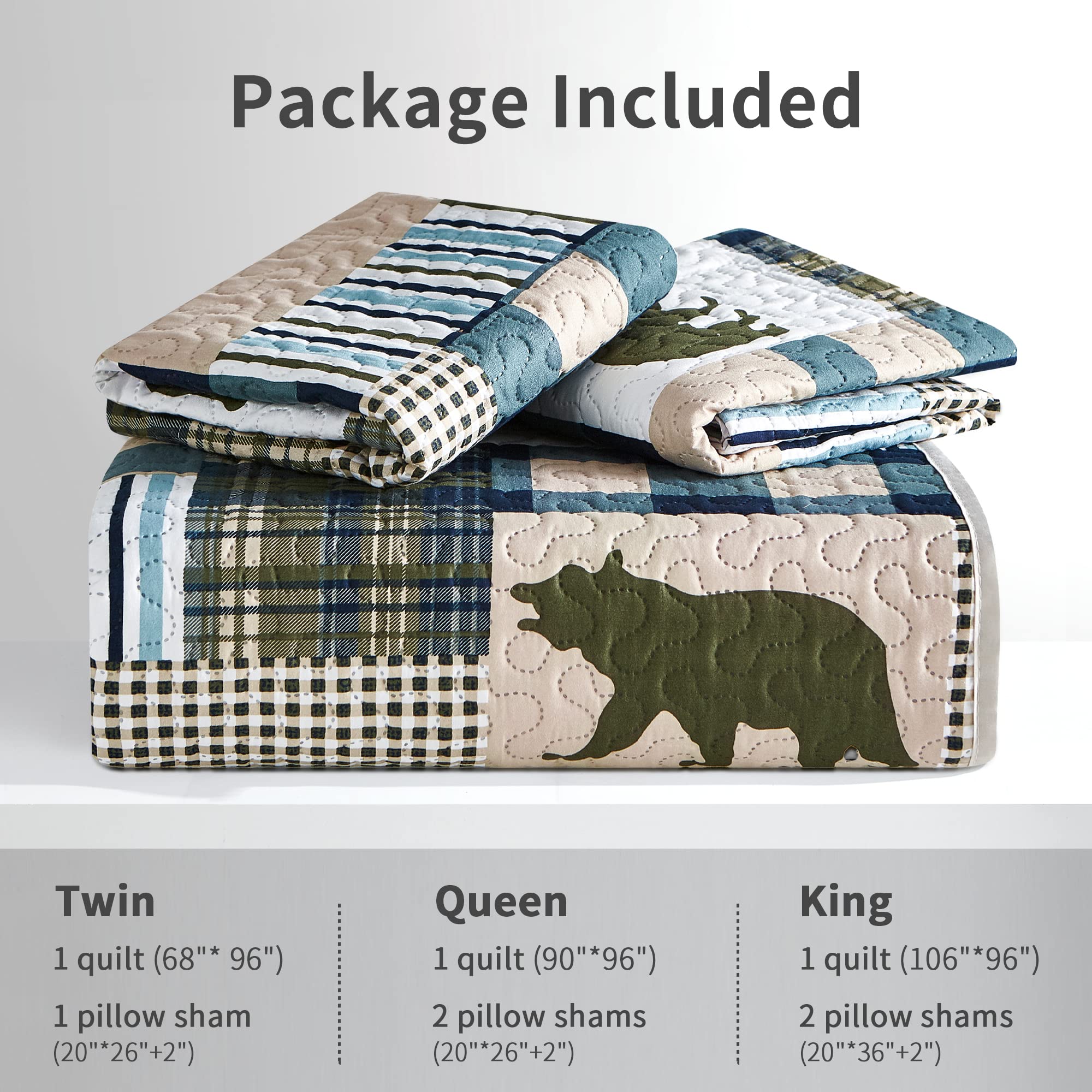 Juego de edredón Queen, Patchwork rústico Lodge Deer, Juego de Ropa de Cama para Todas Las Estaciones, Colcha Reversible Ligera con 2 Fundas de Almohada (Queen)