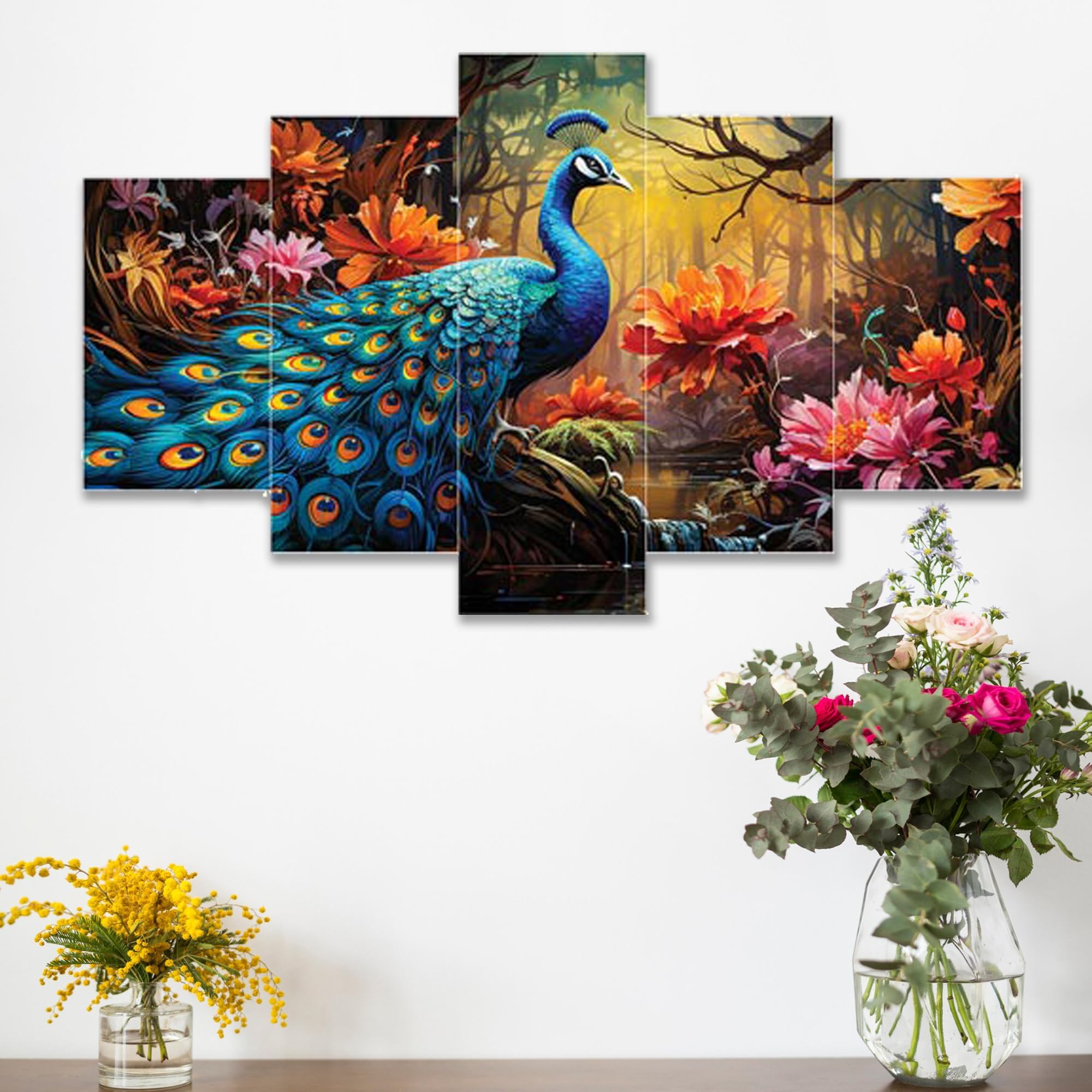 Masstone Peacock In Nature Park Theme For Living Room (76x43 Cm), Wall Decoration, Home Decoration, Set of 5 Piece