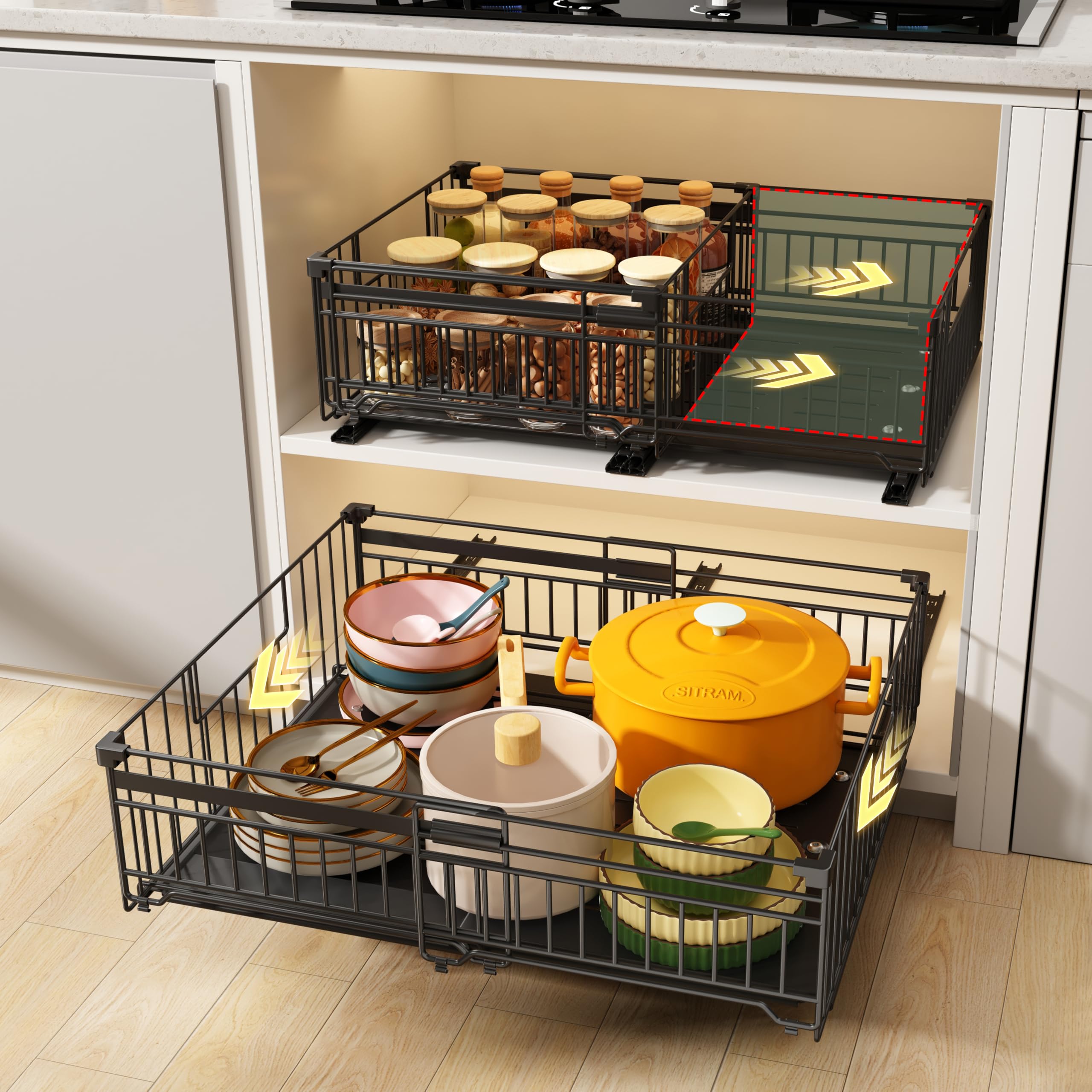 NETEL 2 Stück teleskopschublade ausziehbare schublade küche,schrank organizer,ausziehbare schrankkörbe,Schwarz,33-51W x 42D x 18H CM