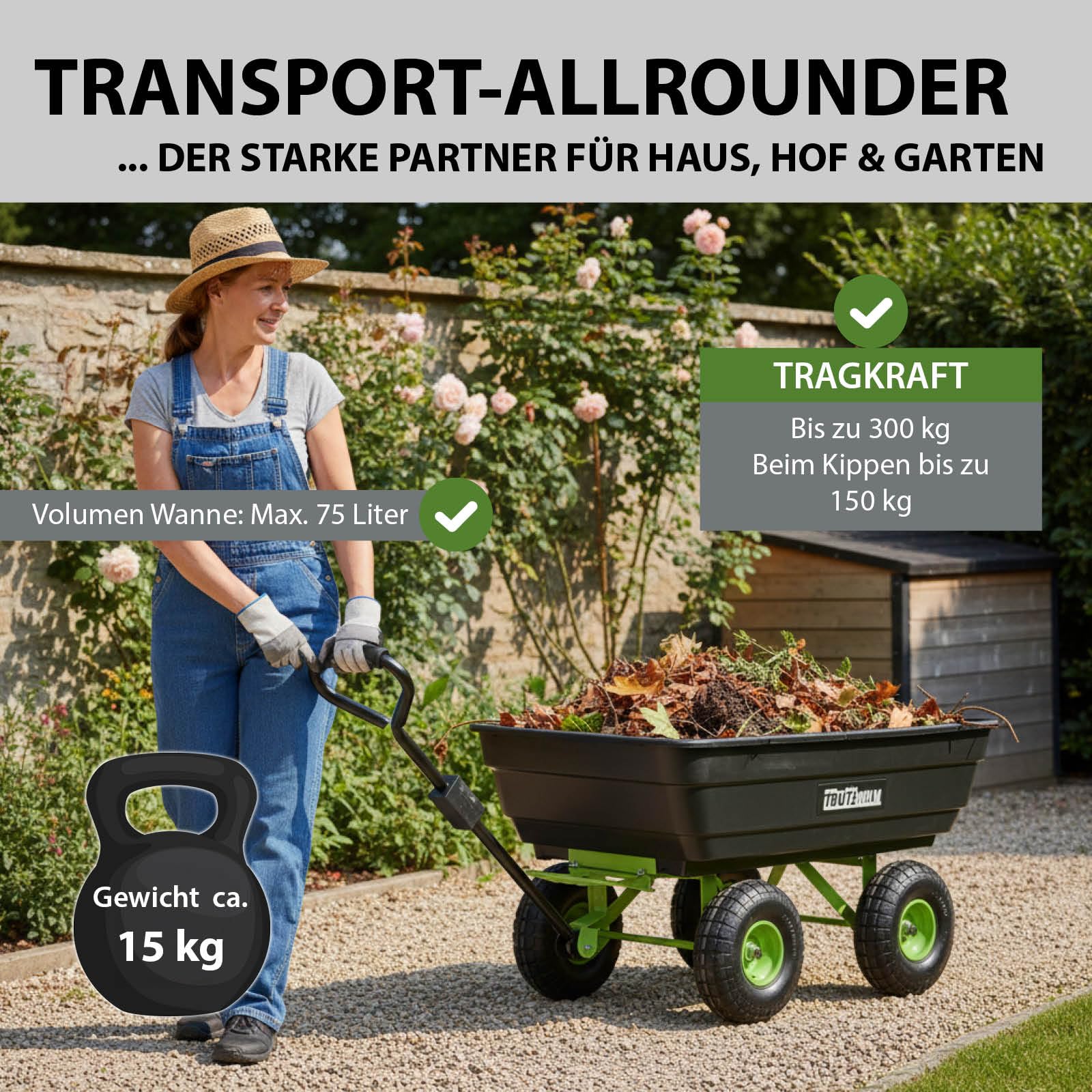 TRUTZHOLM Gartenwagen mit Kippfunktion Tragkraft 300 kg | 75 Liter Kunststoffwanne mit Stahlgestell Handwagen mit wendiger Lenkachse Lufträder Handwagen Transportwagen Rollwagen für Garten