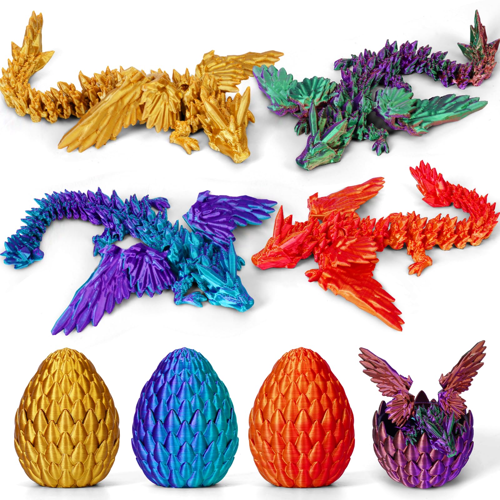 Merrwon 4er Set 3D-gedruckte Drachen mit Flügeln und Drachenei – Kreatives Spielzeug und Deko, Überraschungsei, Geschenk für Kinder (C)