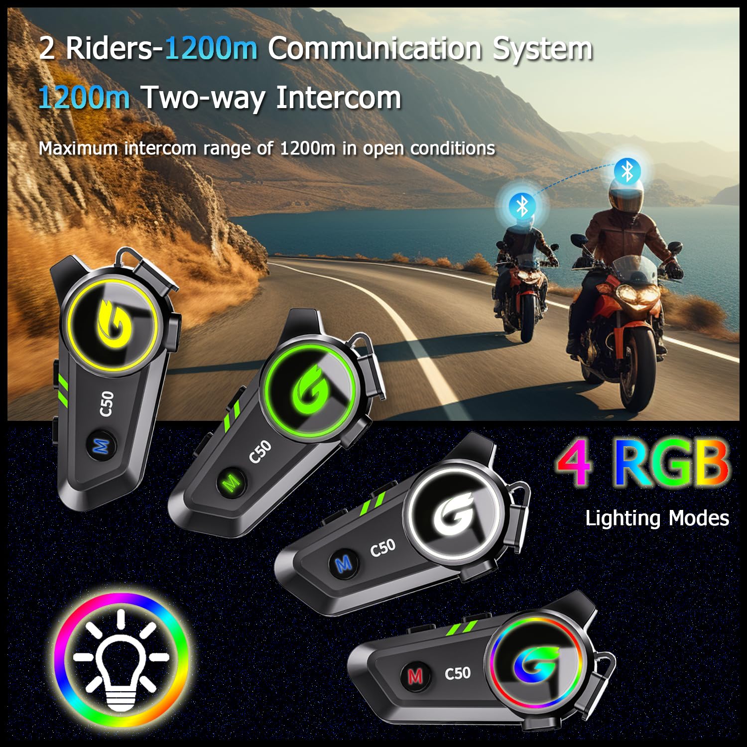 C50 Interfono Moto, Interfono Moto Bluetooth con Riconnessione Automatica, Casco Moto Auricolare con Risposta Automatica/Controllo Vocale/Impermeabile IP67(1Pack)