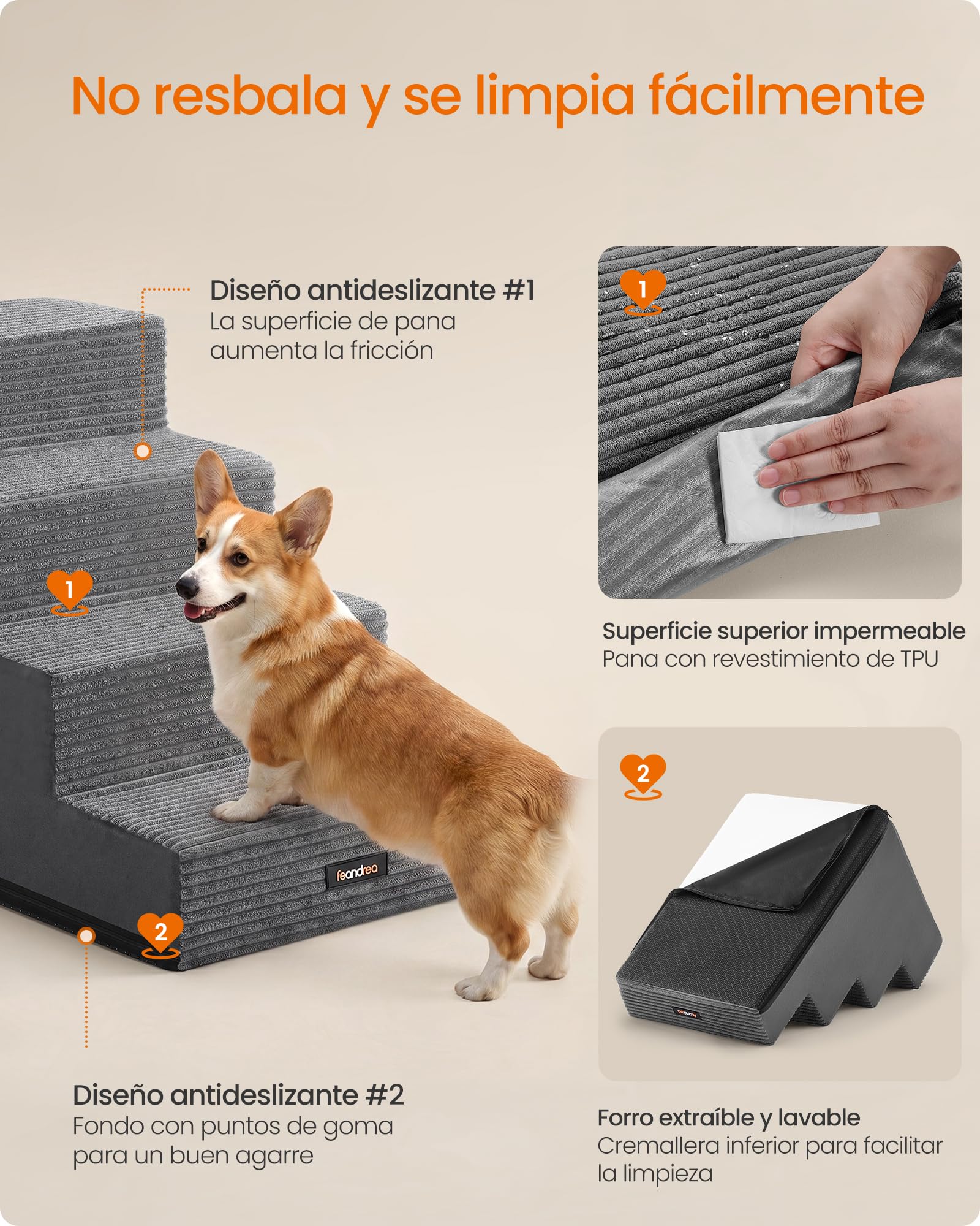 Feandrea Escaleras para Perros de 4 Peldaños, Espuma de Alta Densidad, Funda de Pana Impermeable y Lavable, Antideslizante, para Cama y Sofá, 62 x 40 x 44 cm, Gris, Colección Baddi PPS024GN01