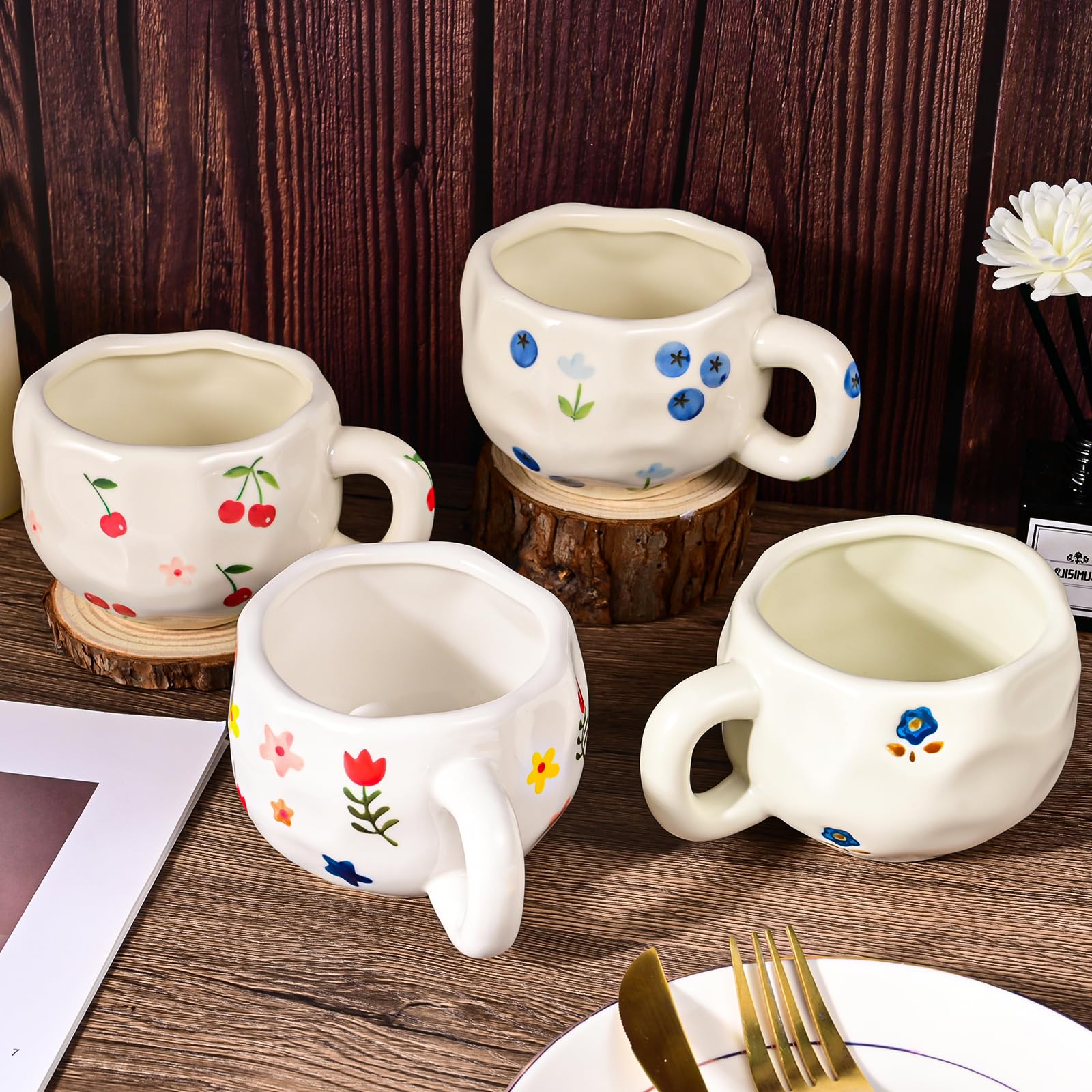 Lot de 4 tasses à café en céramique peintes à la main - Motif floral mignon - Pour le bureau et la maison - Tasse à thé vintage pour cappuccino, cacao, expresso - Passe au micro-ondes - 290