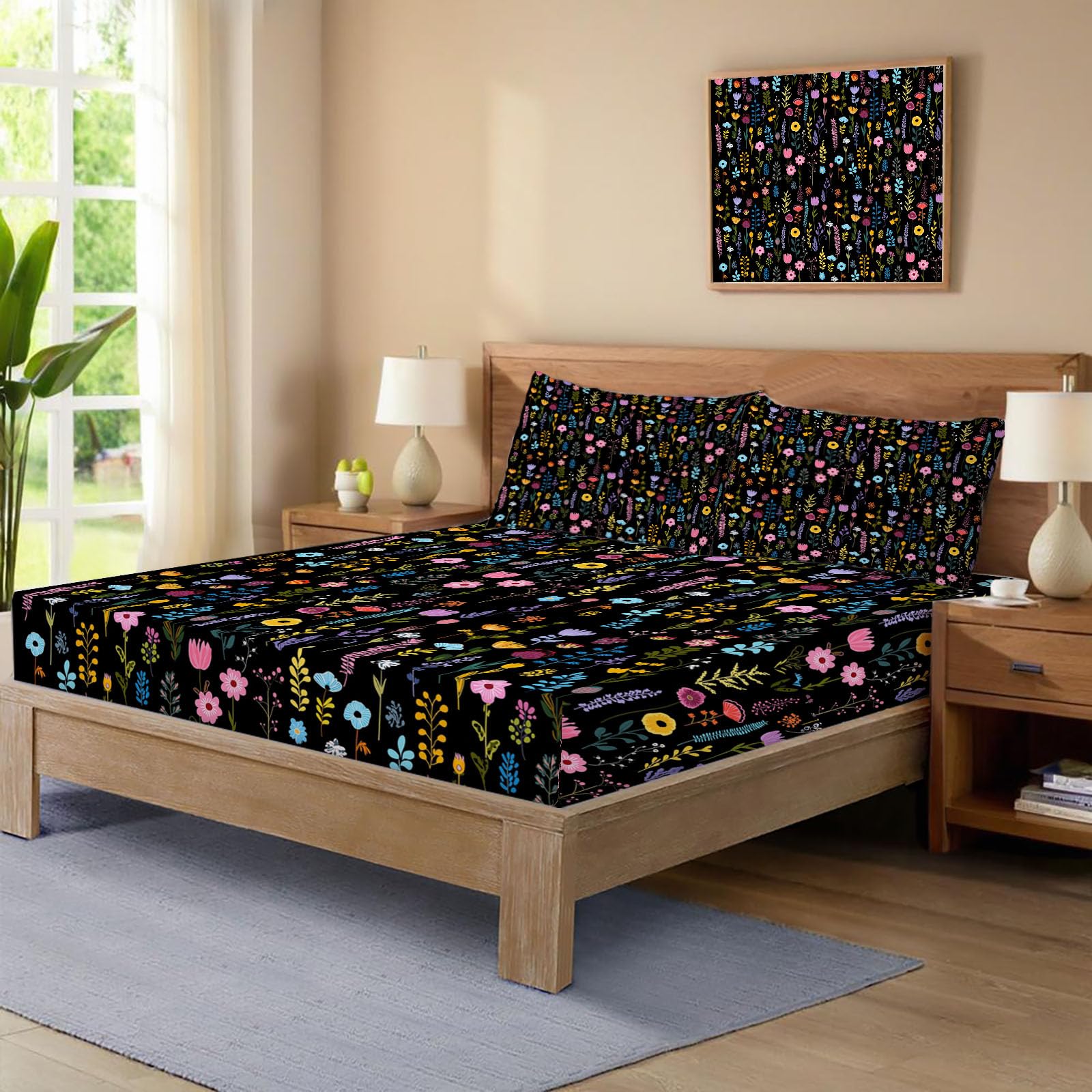 Sábanas 200X190/200Cm - Juego De Sábanas 3 Piezas Estampadas Dibujos Florales - Microfibra Suave Transpirable - Sábana Bajera Ajustable - Ropa De Cama Lindo Grafiti (Tinta Negra)