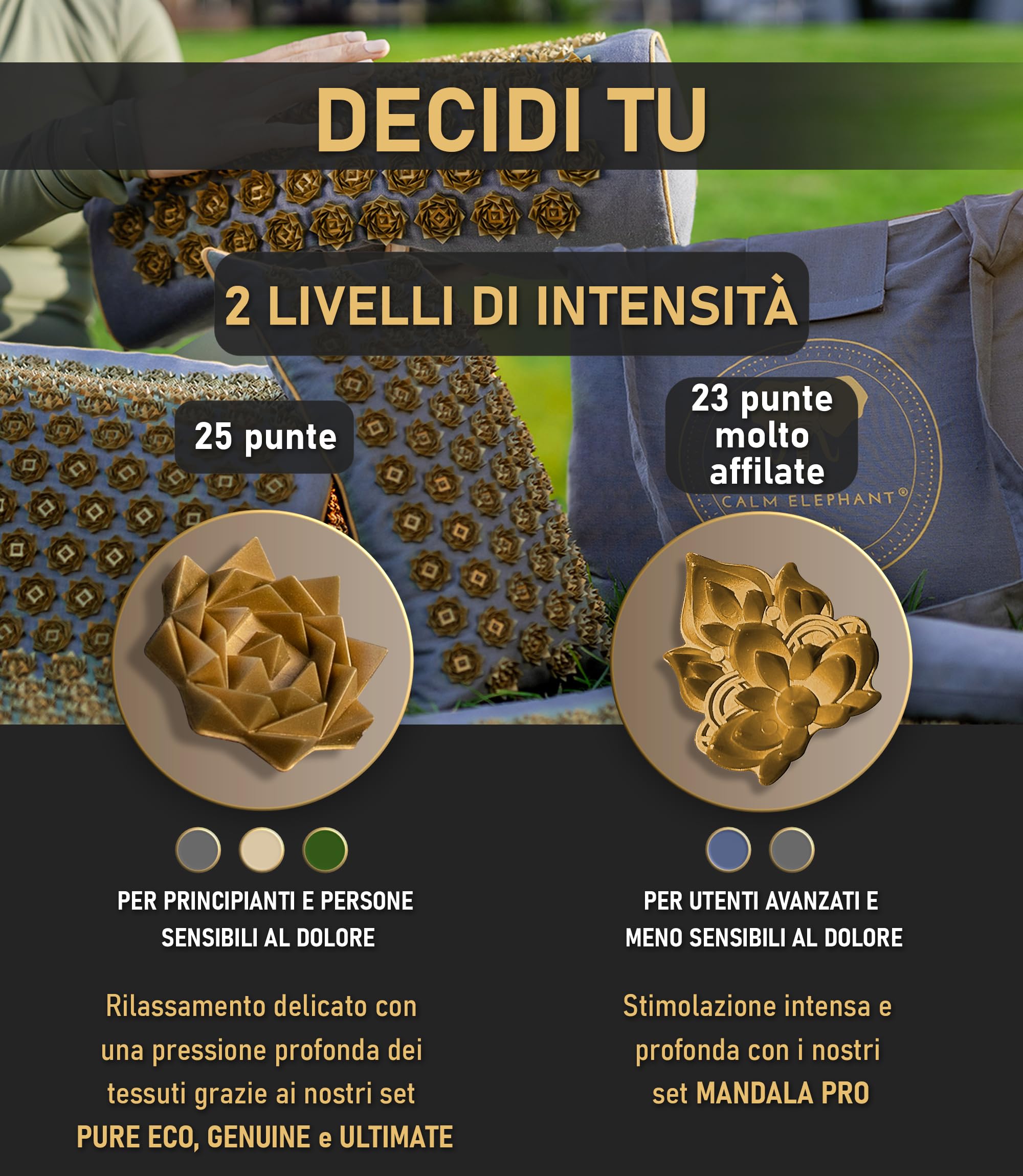 CALM ELEPHANT Tappetino Agopressione e Cuscino Ergonomico, Set XL, 3pz | Campo Fiori, Allevia Dolore Schiena Collo Spalle, Riflessologia, Anti-Stress, Meditazione, Riscaldante Borsa, Beige