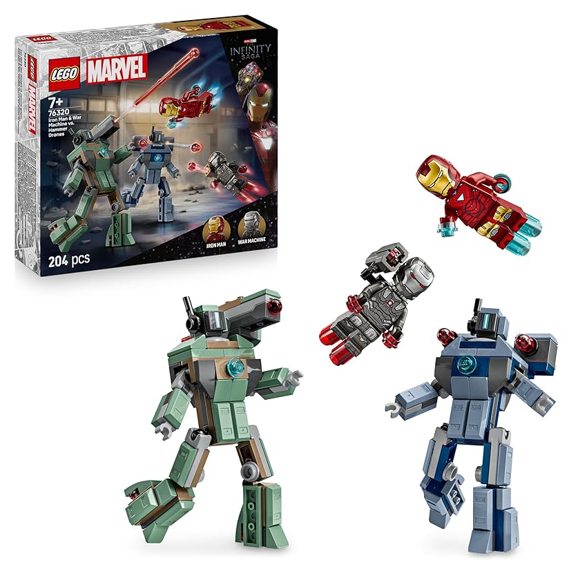 LEGO ǀ Marvel Iron Man e War Machine Contro i Droni Hammer - Giocattolo da Costruire con 2 Minifigure e 2 Action Figure con Shooter - Regalo da Supereroi per Bambini da 7 Anni in su - 76320