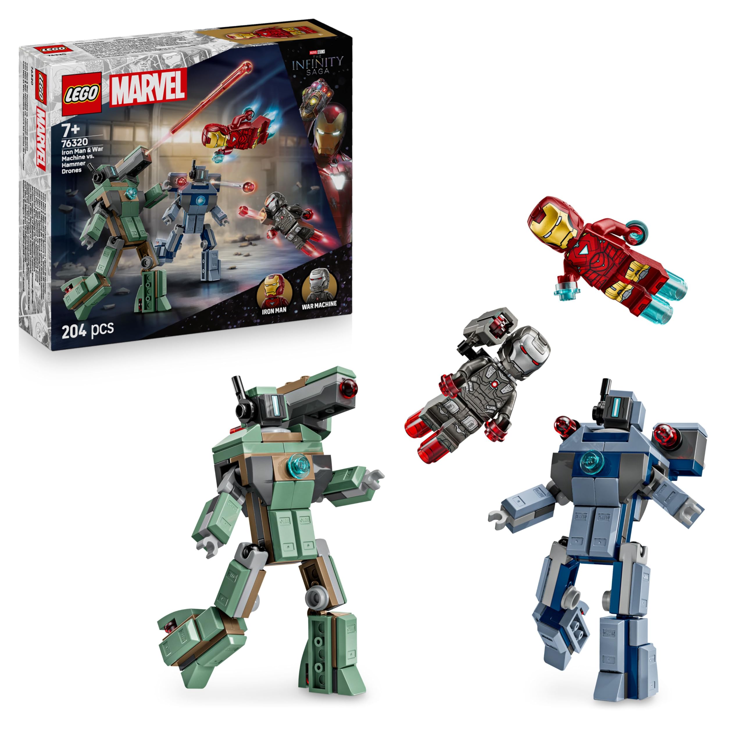 LEGO ǀ Marvel Iron Man & War Machine vs. Hammer Drones - Building Toy with 2 Minifigures & 2 Action Figures with Stud Shooters - Super Hero Gift for 7+ Year Old Boys - 76320
