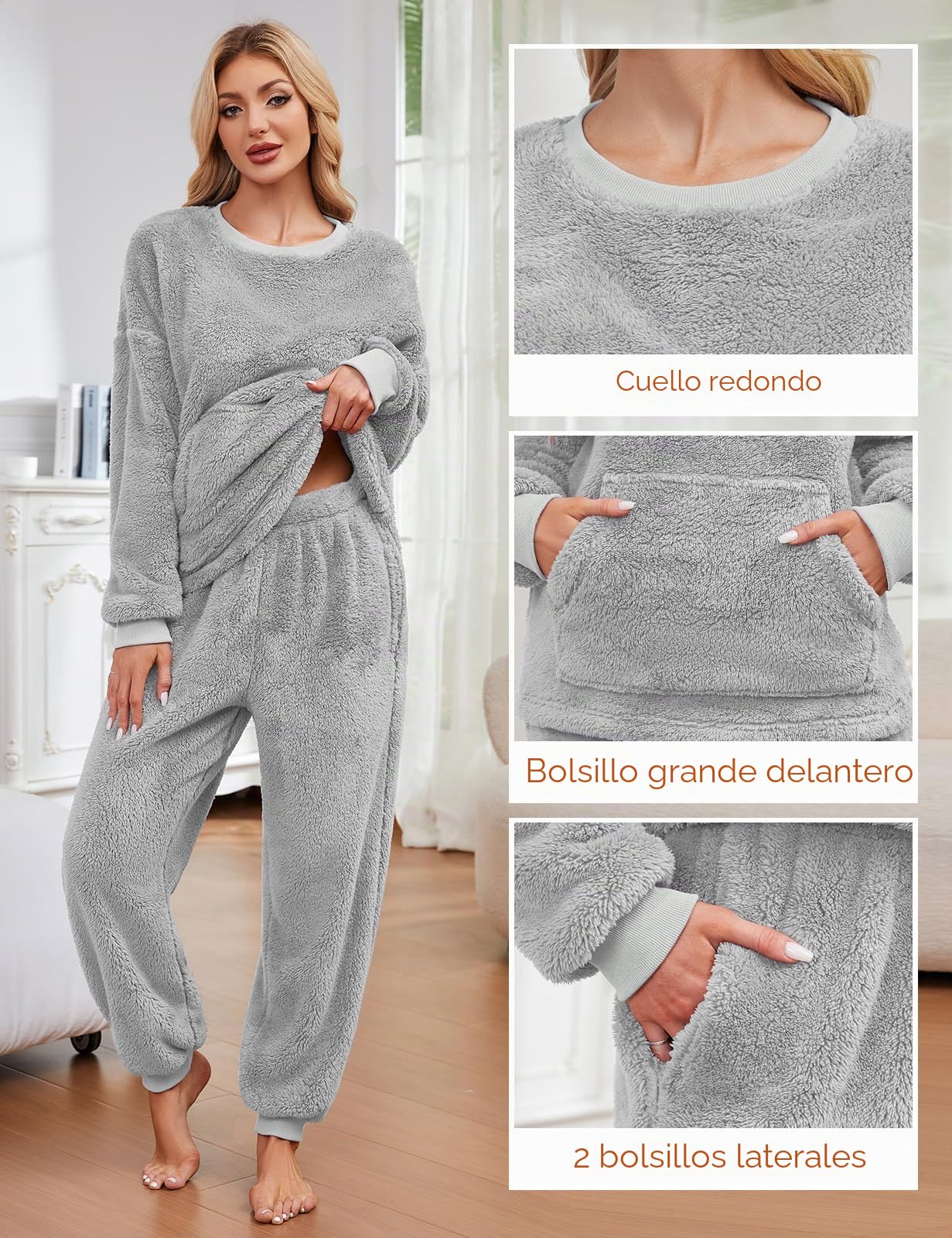 UMIPUBO Pijama Mujer Invierno de Forro Polar Conjunto Super Suave Cálida Largos Pijamas Dos Piezas Dormir Ropa Manga Larga Casa Calentito Pullover y Fleece Pantalones con Bolsillo