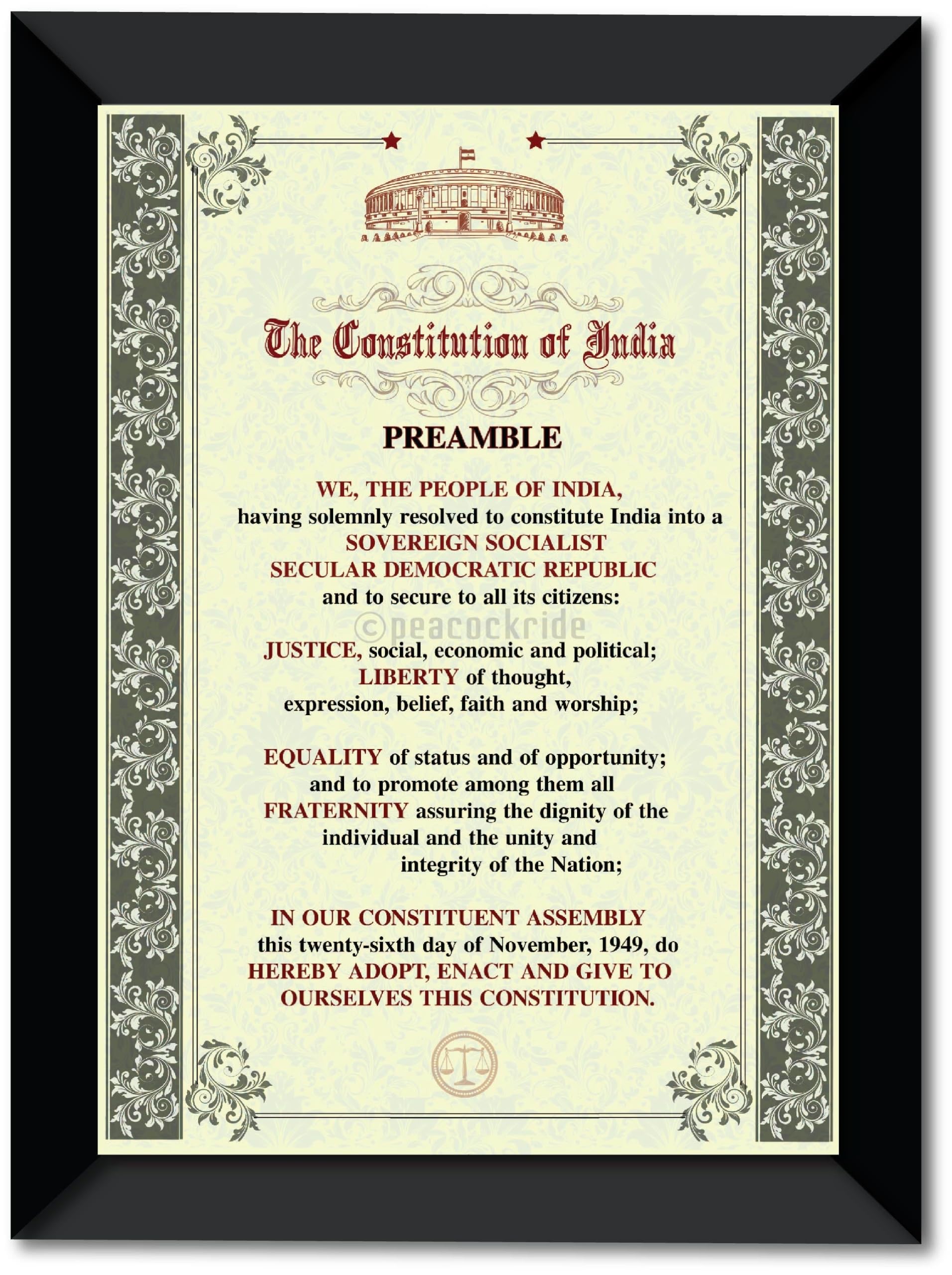PEACOCKRIDE Plastic Preamble of Indian Constitution Premium Matte Frame Wall Art (Multicolour, A4)-image-49