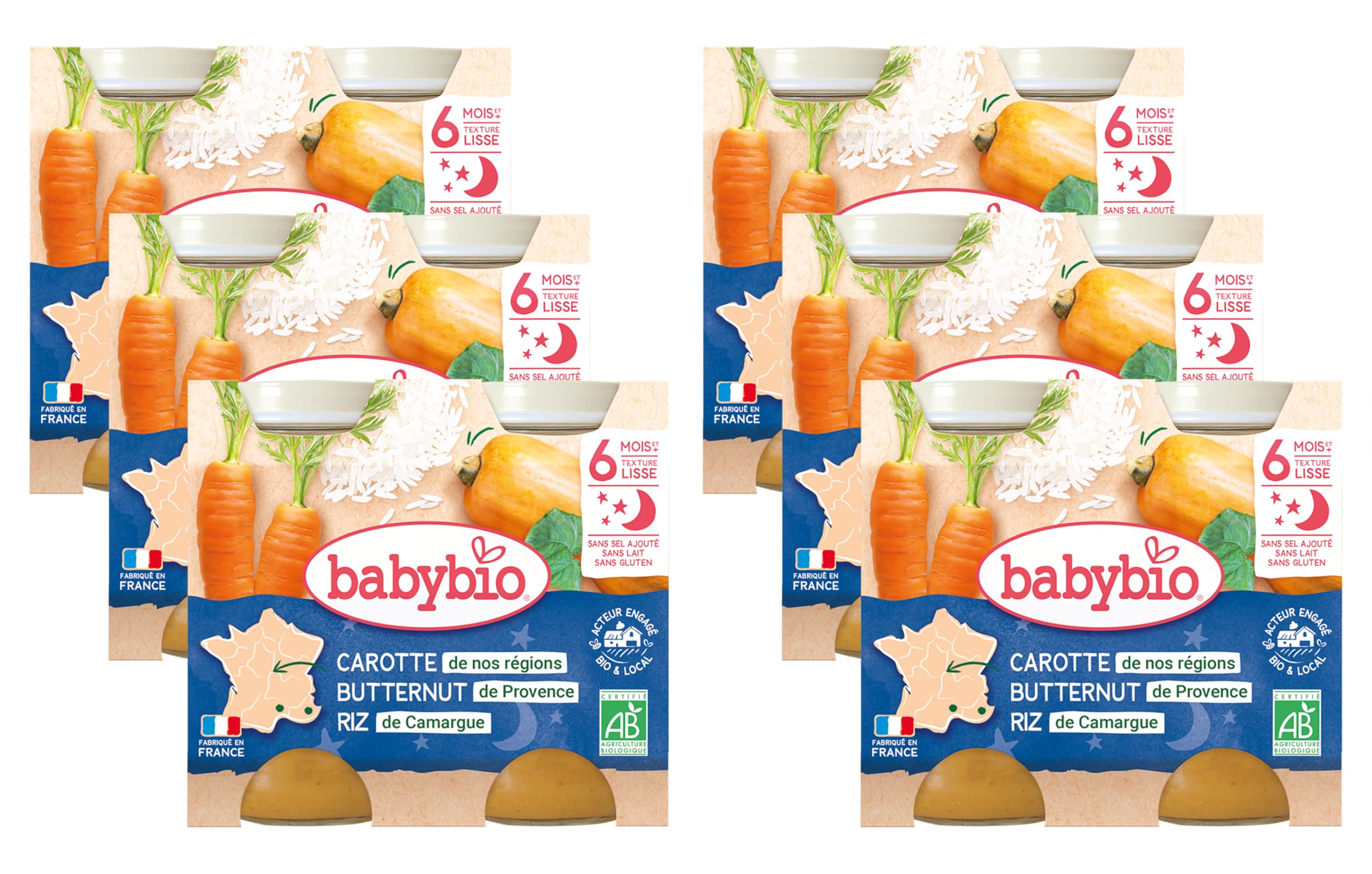 Babybio - Bonne Nuit - Petits Pots Carotte des Landes Butternut Riz 2x200g - PACK de 6 - 6Mois - BIO
