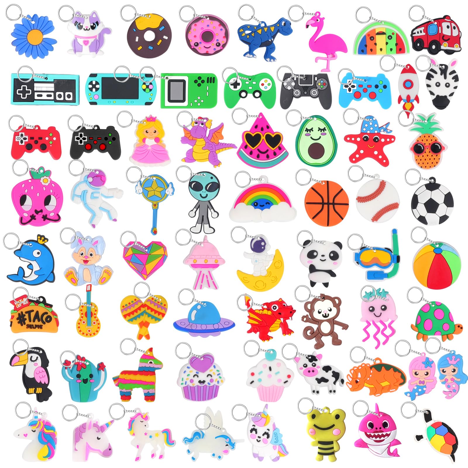 DIZRNOI 65 PCS Cartoon Keychain for Kids Party Favors With Video Game Animal Mermaid Dinosaur Ball Donut Fruit Gift School Prize Goodie Bag Stuffers