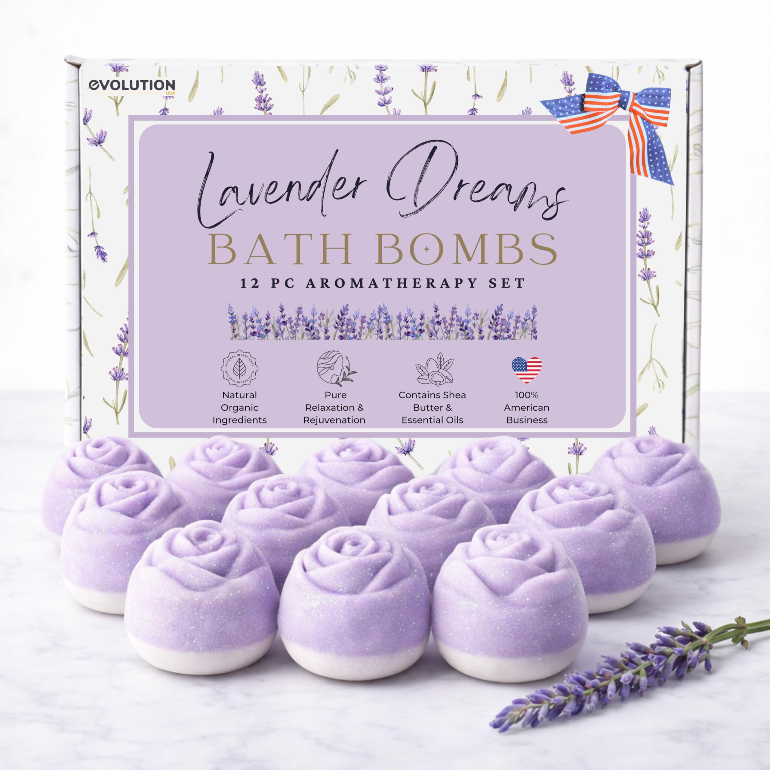 EvolutionUSA Lavender Dreams Bath Bombs for Women, 12 Organic Flower Bath Bombs, Soft Lavender Bath Bombs, Womens Bath Bombs Gift, Lush Bath Bombs for
