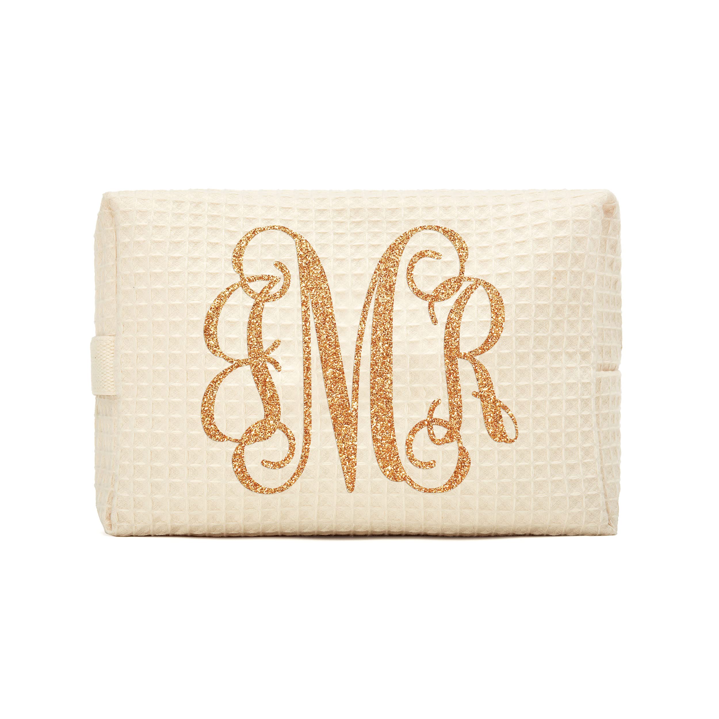 WEDDINGSTAR Women's Customizable Cotton Waffle Makeup Bag - Monogram Ivory
