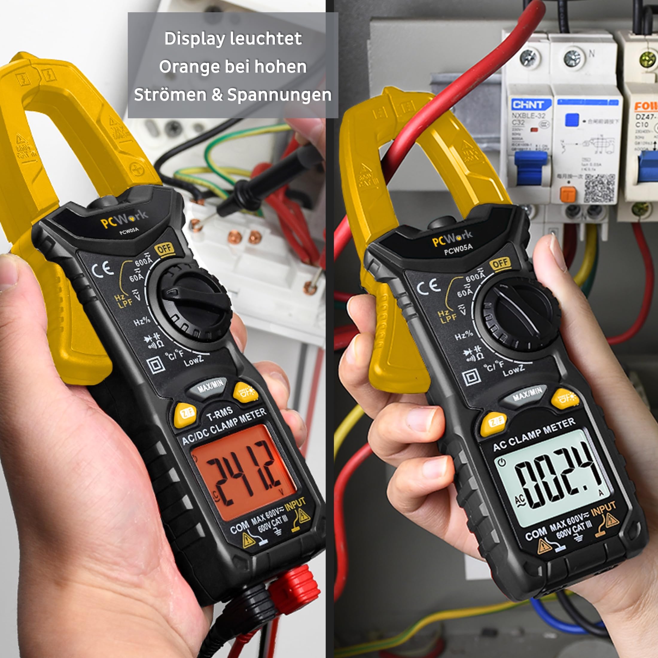 Pince ampèremétrique professionnelle AC DC PCW05A, TRUE RMS multimètre 600 A, multimètre numérique AUTO RANGE, écran LCD bicolore 6000 points, ampèremètre, testeur de continuité