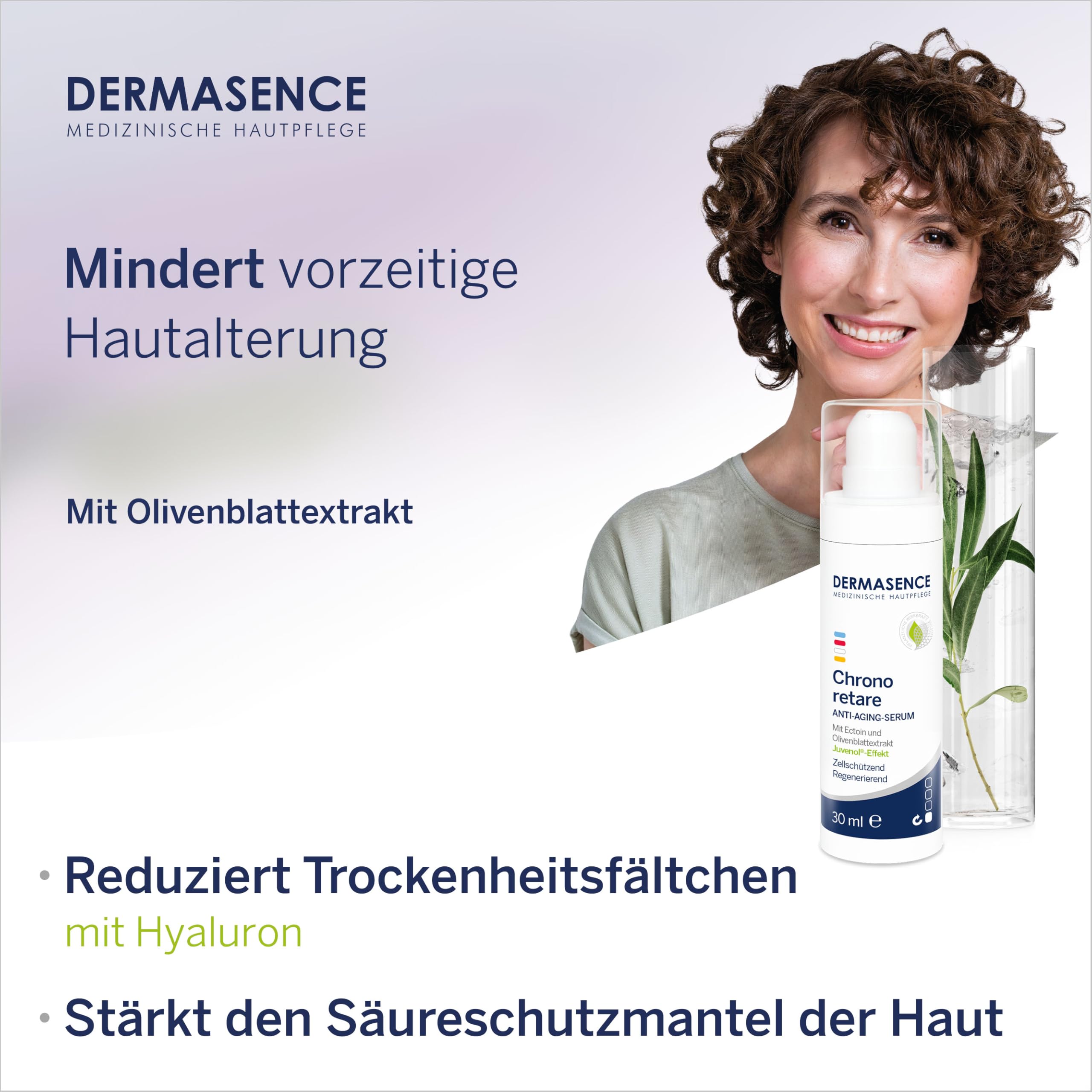 DERMASENCE Chrono Retare Anti-Aging-Serum, 30 ml, gegen Falten und müde Haut, mit Hyaluron und Ectoin, spendet Feuchtigkeit, glättet Trockenheitsfältchen, für Gesicht und Dekolleté, parfümfrei, vegan