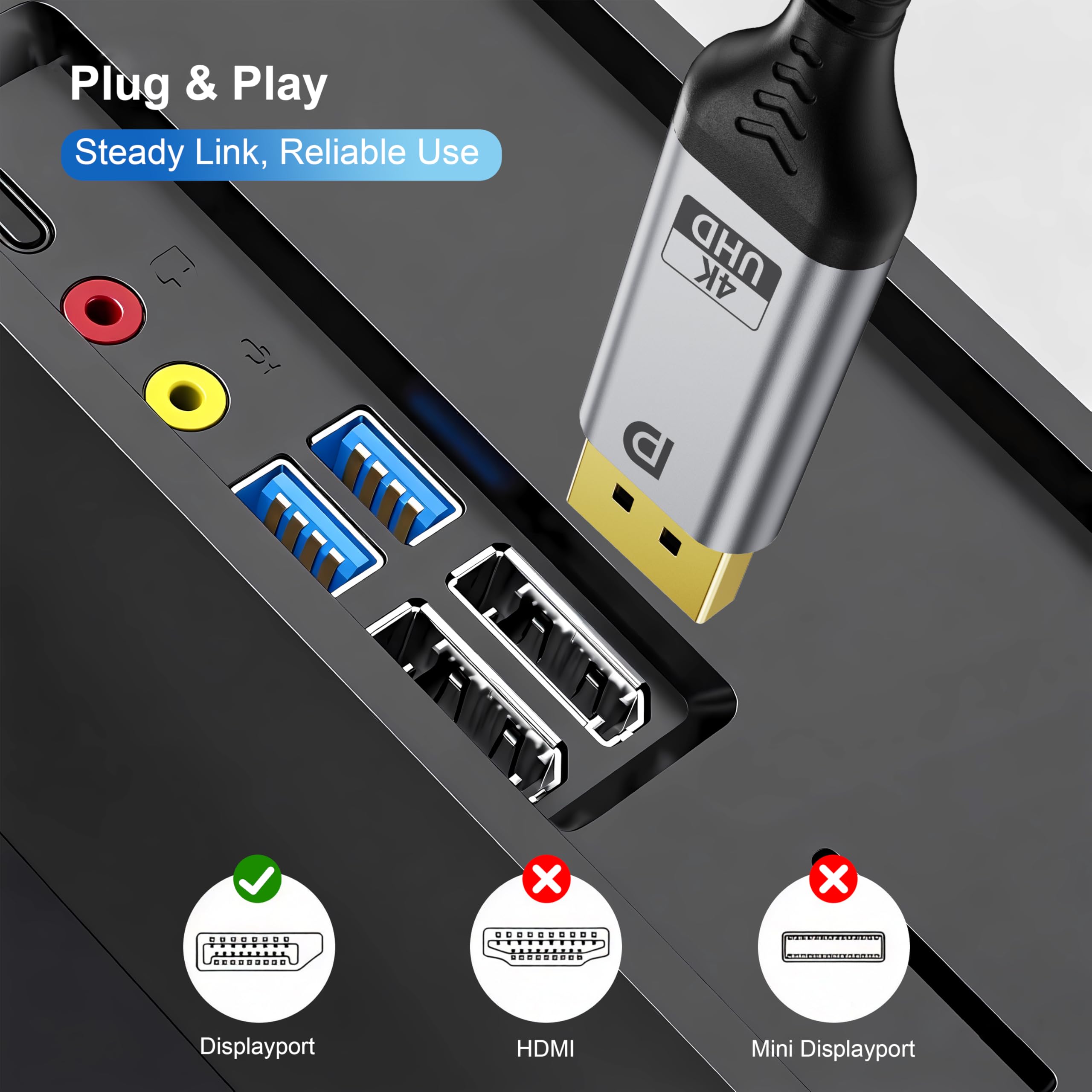 Cavo DisplayPort 4K 1.2: 2 m placcato oro, confezione da 10 cavi DP corti (4K a 60Hz, 2K a 165Hz 144Hz 21,6Gbps) HDR, DP a DP cavi compatibili con PC da gioco, laptop, monitor, computer