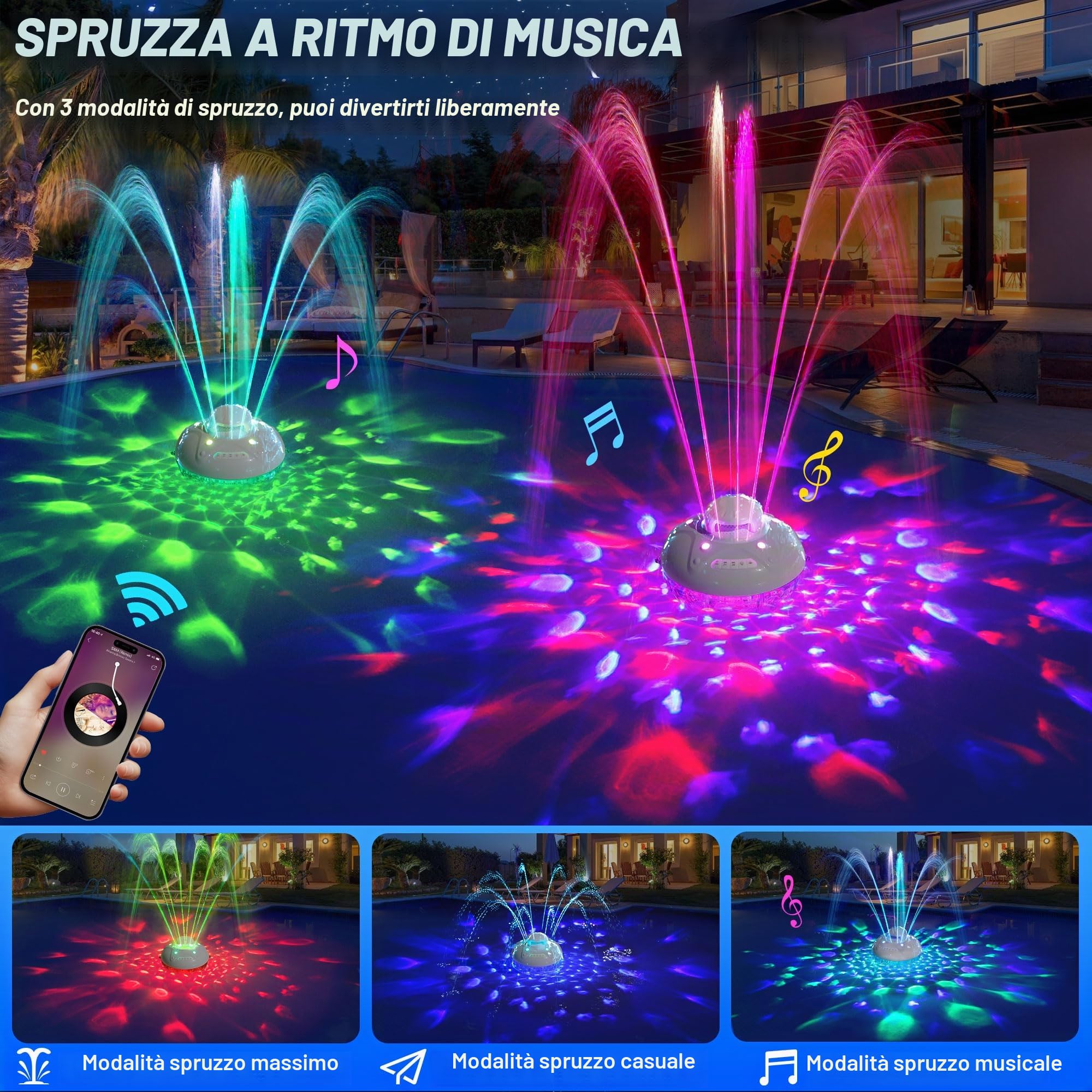 KingSom 3 in 1 Altoparlante per Piscina con Fontana Piscina Luminosa, 10000mAh Altoparlante Bluetooth Potente, Cassa Bluetooth Impermeabile IP68, BT5.4,Suono Stereo,24 ore Fontana Piscina Ricaricabile