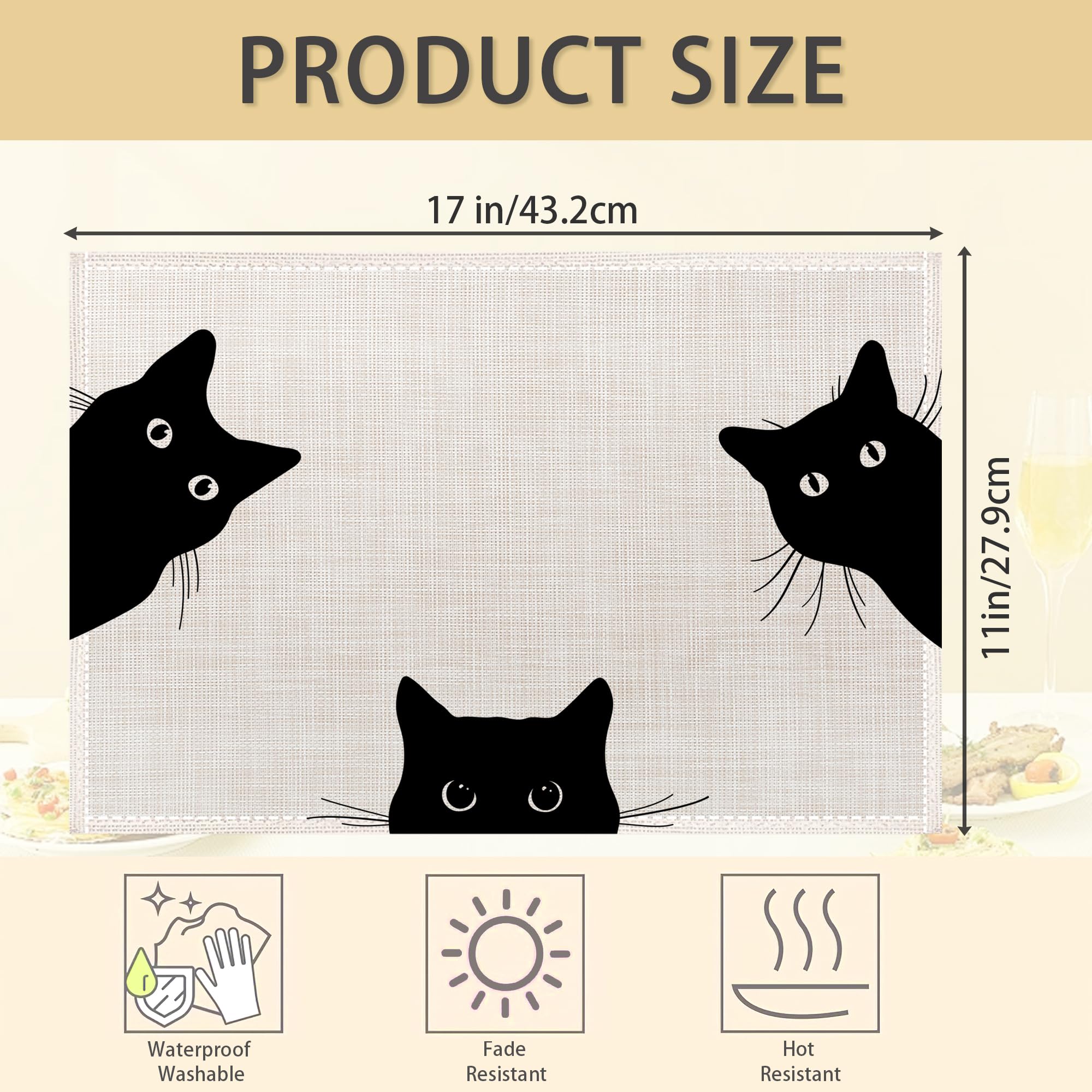 Black Cat Placemats Set of 6,Table Mats Non-Slip Heat Resistant Washable Placemat for Party Kitchen Dining Table Decoration Indoor Outdoor - Image 3
