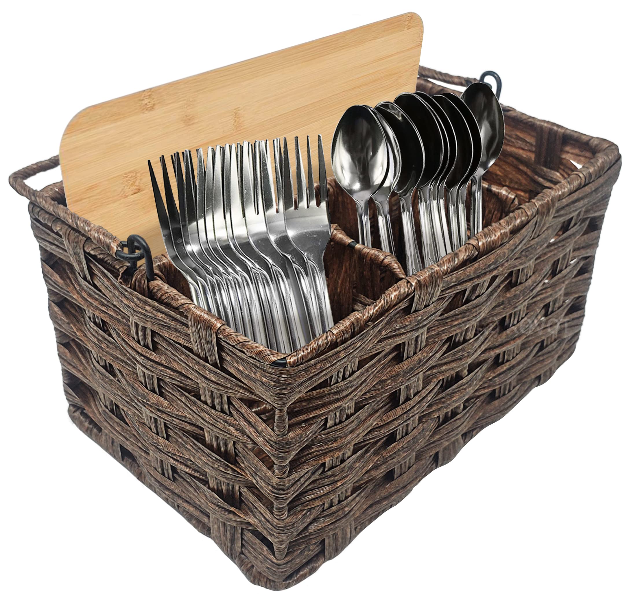 Kovot Poly-Wicker Woven Cutlery Storage Organizer Caddy Tote Bin Basket for Kitchen Table, Cabinet, Pantry, Indoor & Outdoor - Woven Polypropylene | Measures 9.5