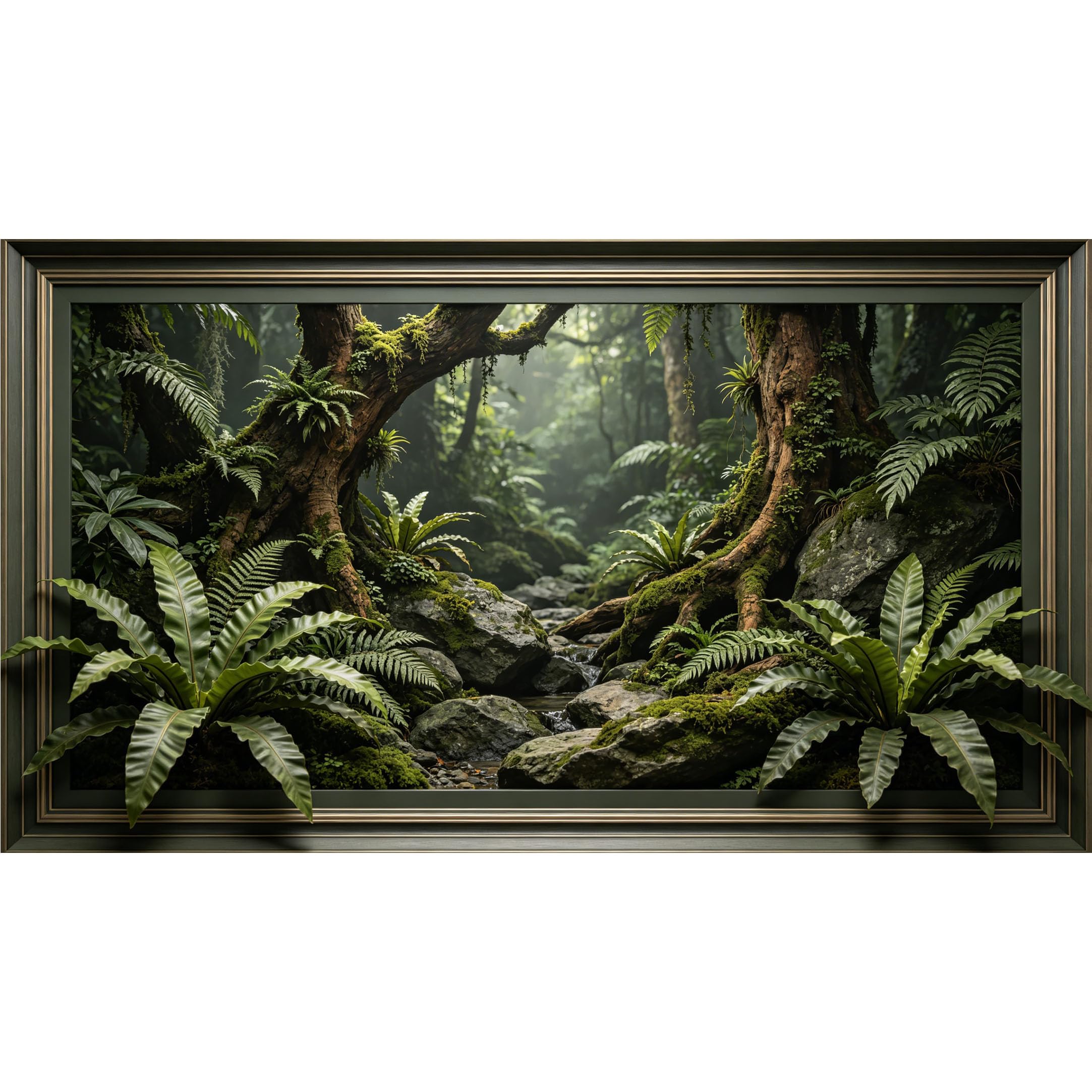 QZLITHOTIC 50×90cm3D Framed Wall Art， Tropical Rainforest Fern Stream Self?Adhesive Mural， Water?Activated Peel & Stick Fabric Decor Wall Decal for Bedroom Living Room