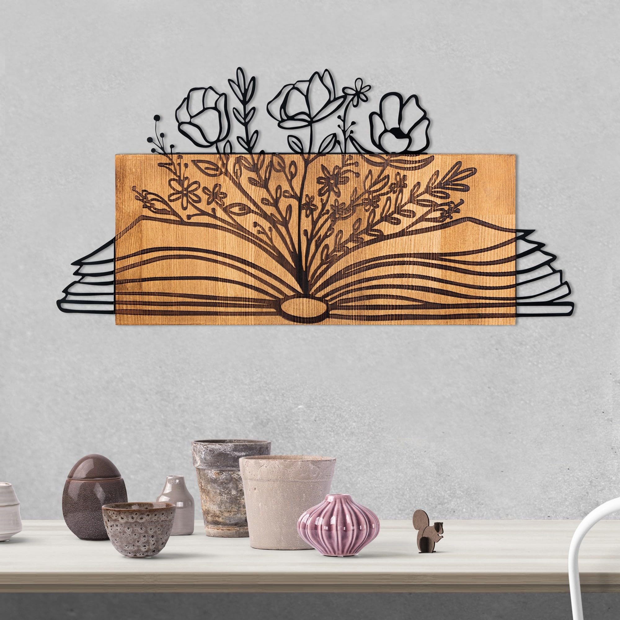 Elegant Decorative Wooden Wall Accessory, 74 x 37 cm, 100% Metal Frame (1.2 mm) & Solid Wood (3 cm), Stylish Black & Walnut Design for Home Decor