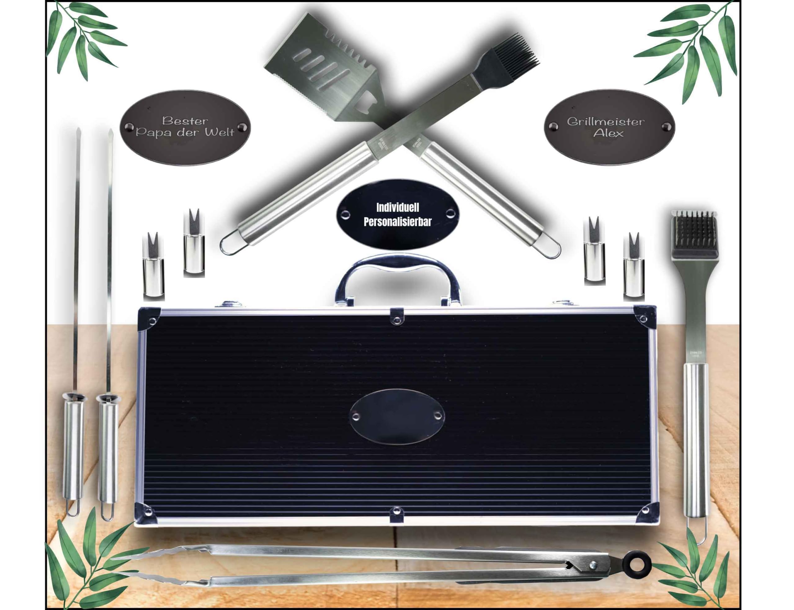 Maletín para barbacoa personalizado, juego de utensilios para barbacoa, resistente a la corrosión, ergonómico y elegante, 15 piezas para hombre