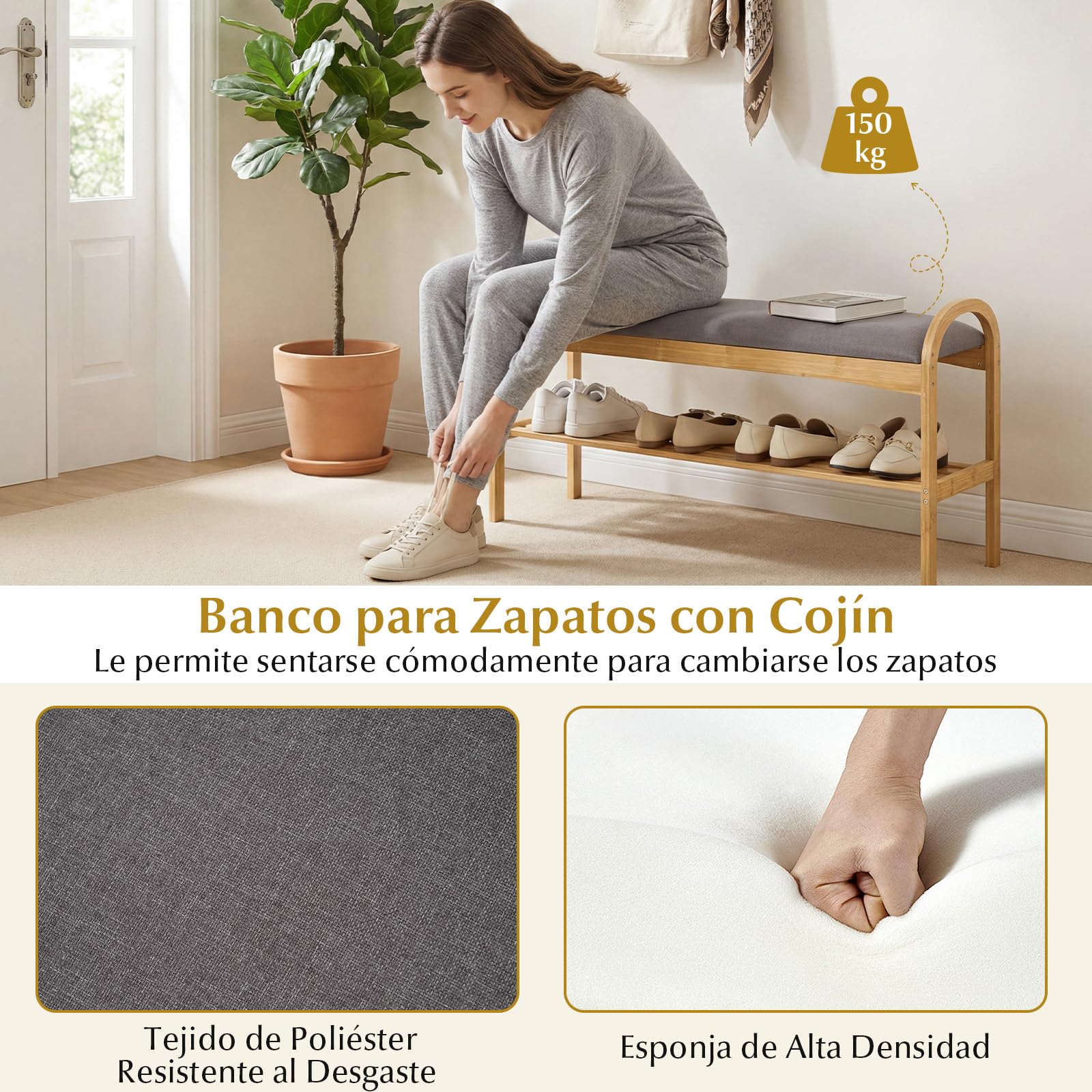 COSTWAY Banco Zapatero de Bambú con Cojín, Banco para Zapatos con 1 Estante, Banco Zapatero Pasillo Entrada Salon Dormitorio, 100,5 x 31 x 51 cm
