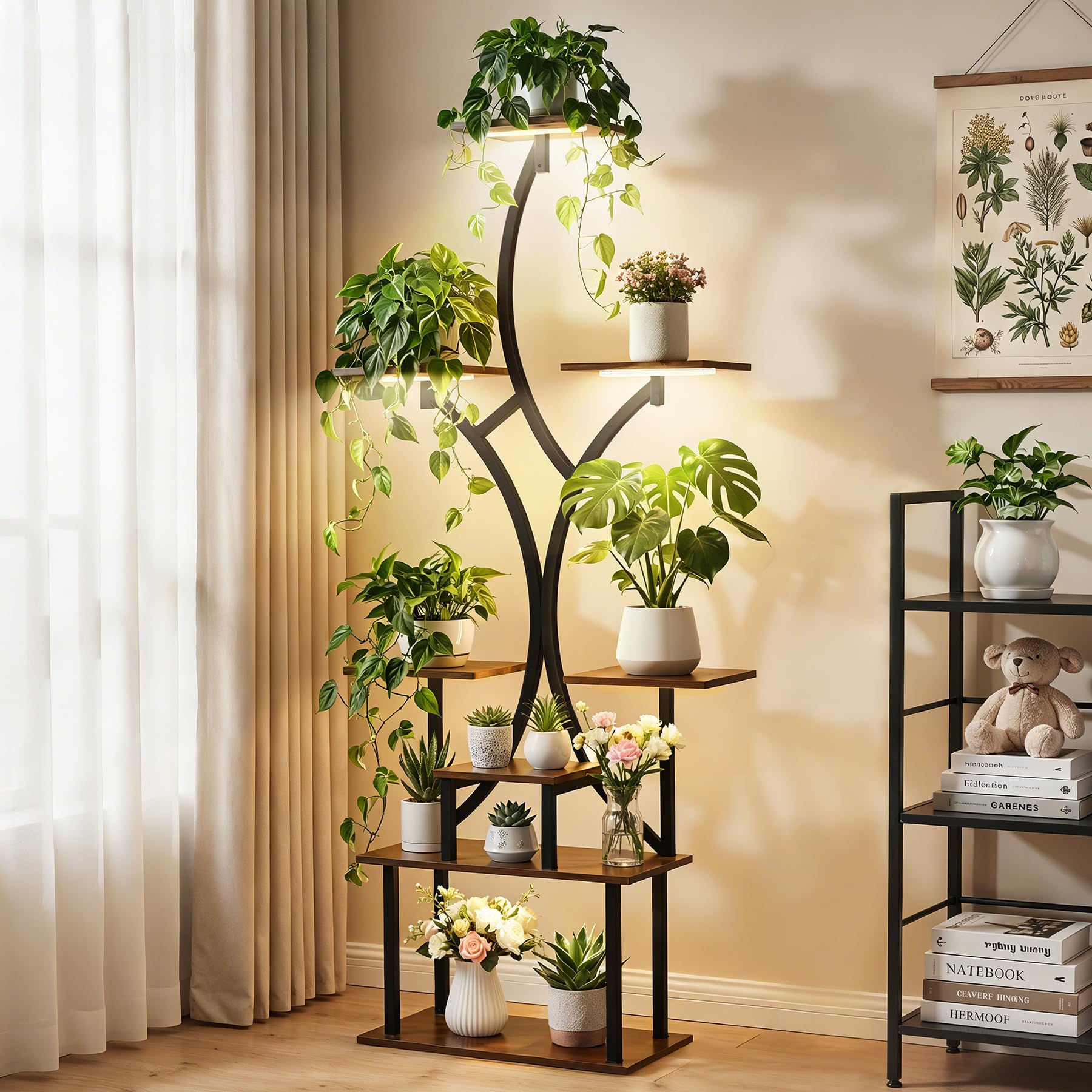 Soporte Plantas Interior con Luz de Crecimiento, 162 cm de Alto, Estanteria Plantas 8 Niveles, Soporte para Planta Madera & Metal para Salón, Terraza, Jardín, Balcón, Decoración Del Hogar