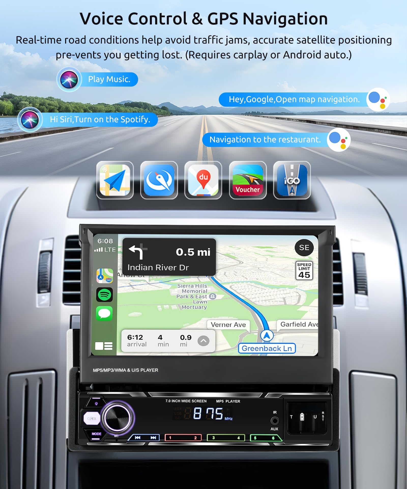 Autoradio 1 DIN 7" Écran Motorisé Tactile - CarPlay & Android Auto Sans Fil, DAB+, Bluetooth, Mirror Link, Caméra Recul Incluse