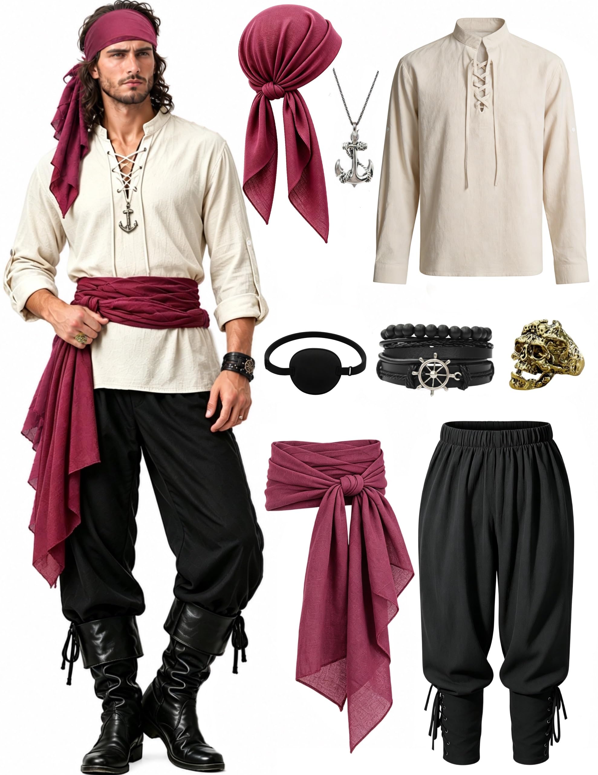 Men's Pirate Costume Renaissance Outfit with Lace-Up Shirt, Pants and Sash